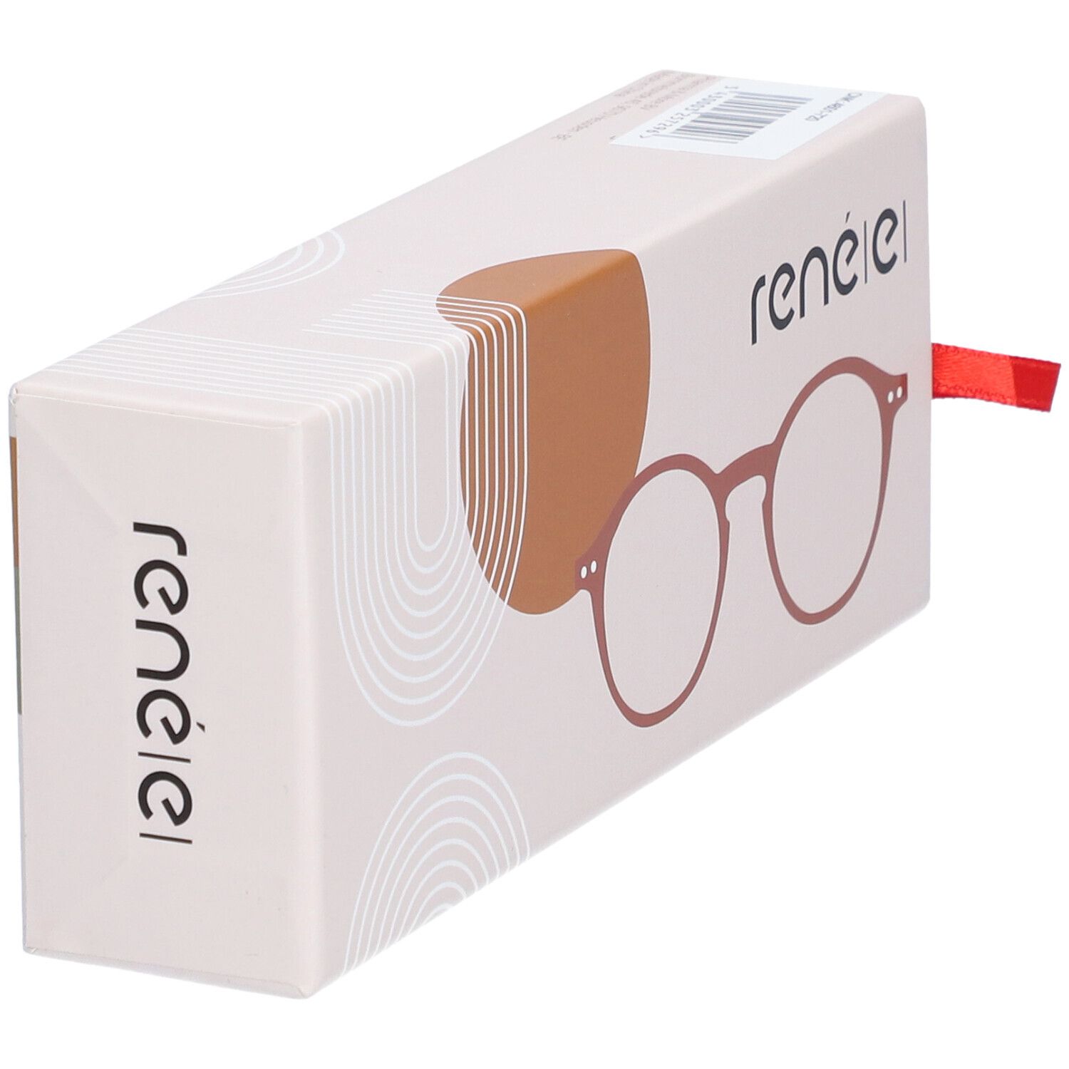 Étui à lunettes, marque rené(e). Dessin d'une lunette. Ruban rouge.