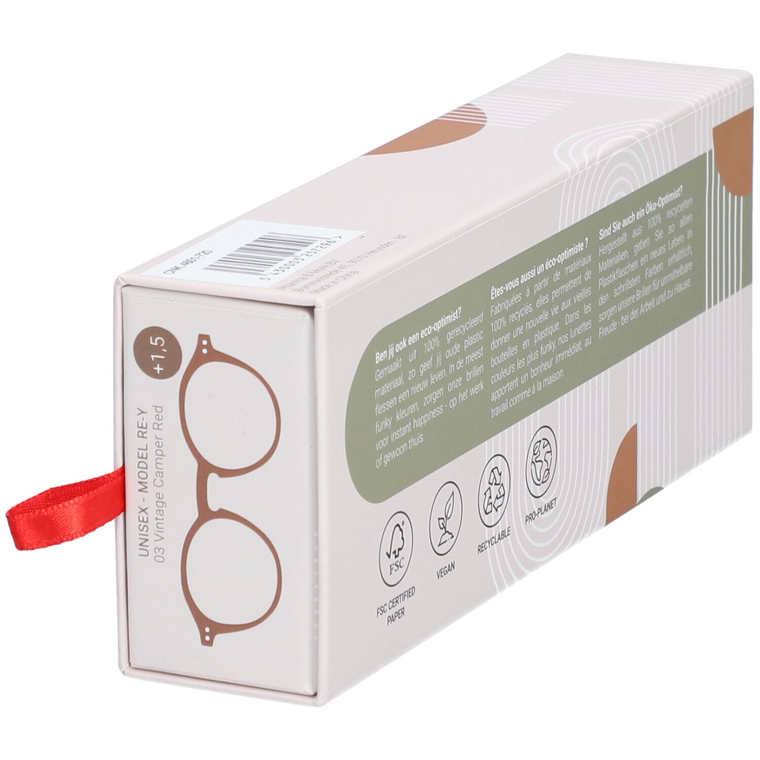 Étui à lunettes avec texte. Marque rené(e). Modèle de lunettes RE-Y, +1,5. Ruban rouge.