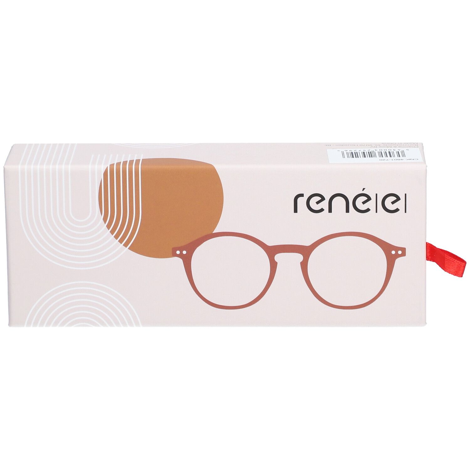 Étui à lunettes avec dessin de lunettes. Marque rené(e). Ruban rouge.