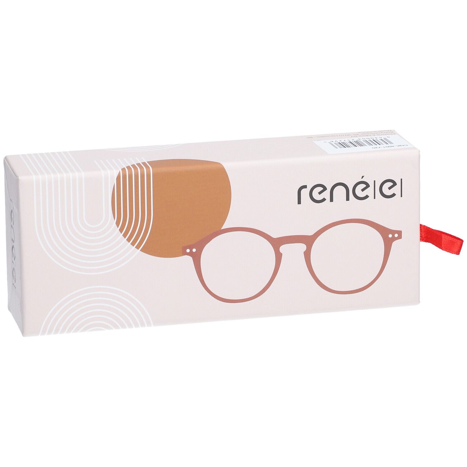 Étui à lunettes avec dessin de lunettes. Marque rené(e). Ruban rouge.