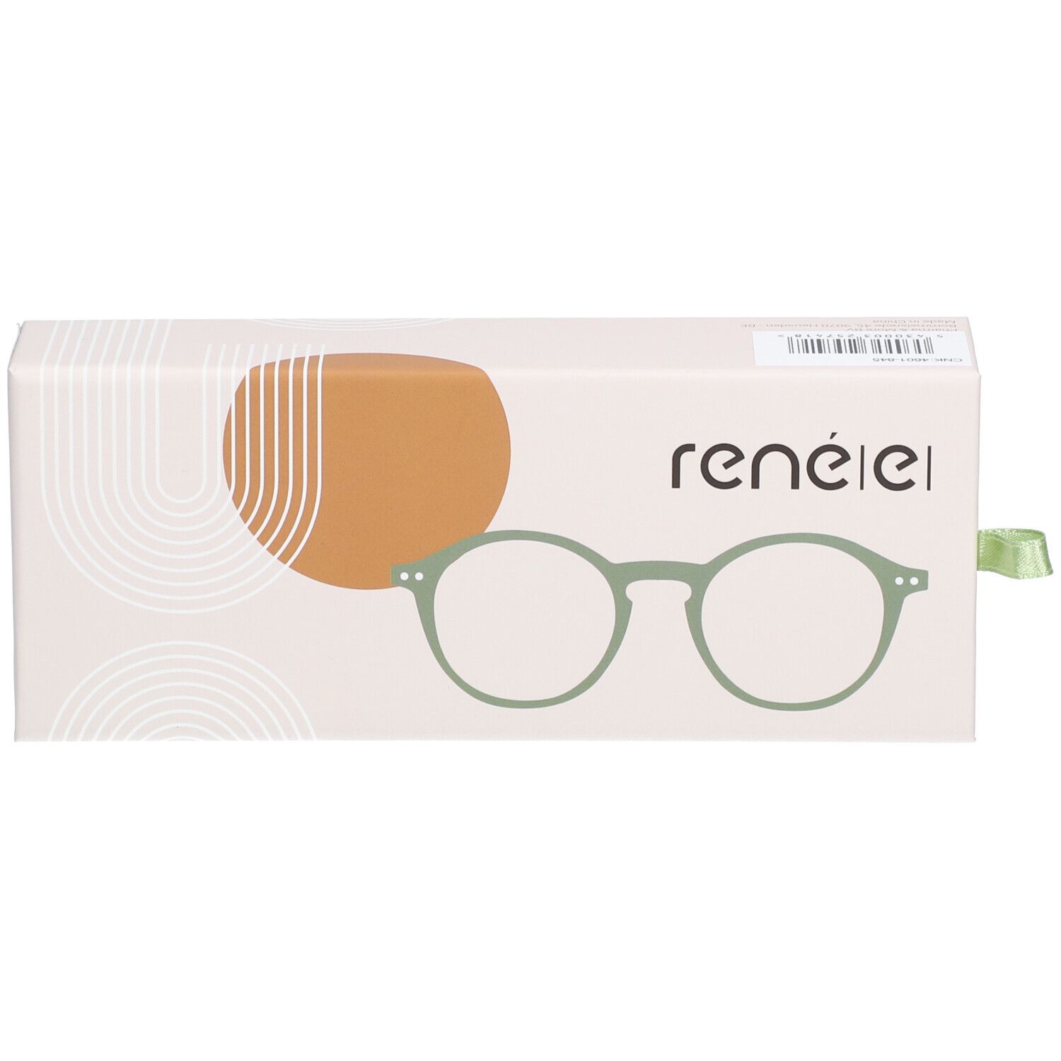 Brillenetui mit Brillen-Illustration und Schriftzug. Aufdruck: rené(e). Beige-weißes Etui mit grüner Brille.