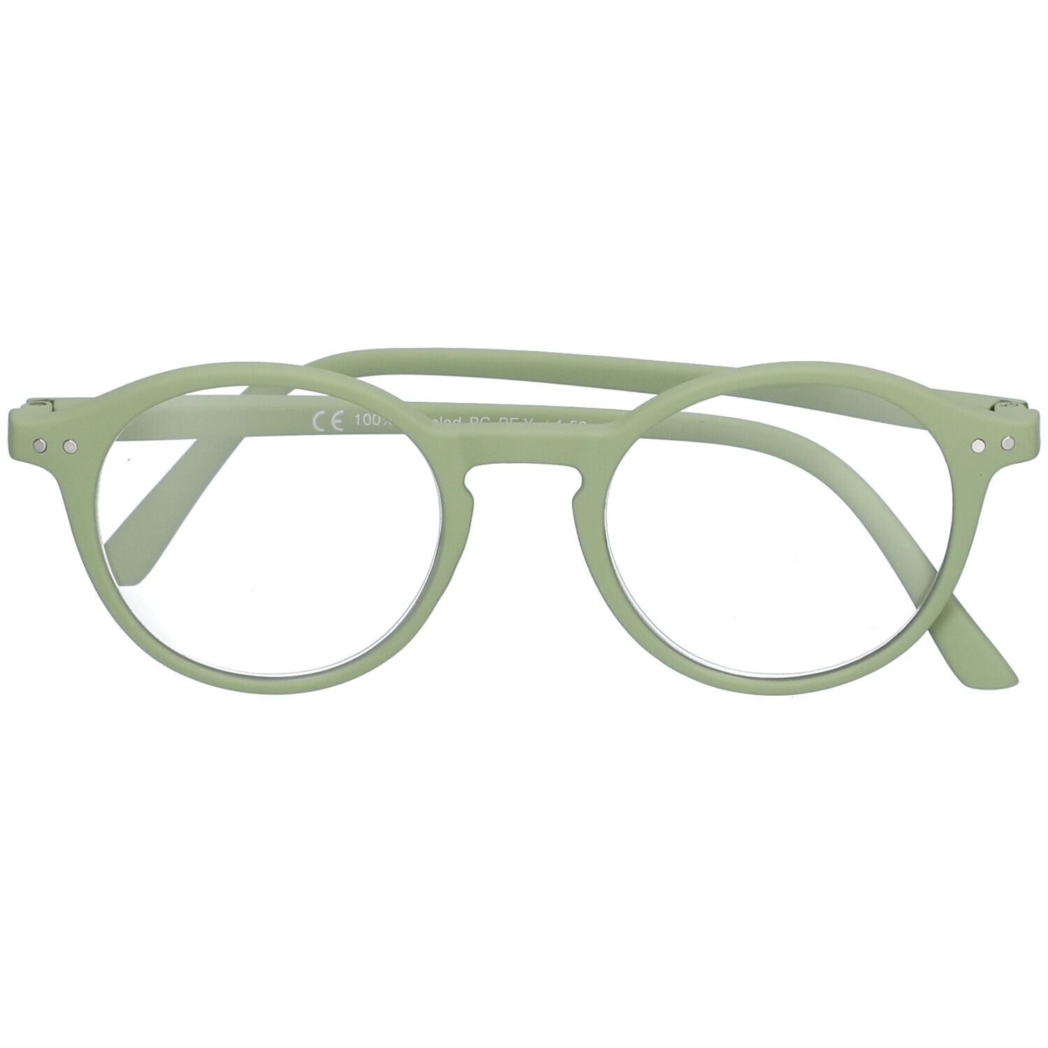 Grüne Brille mit runden Gläsern. Bügel mit CE-Kennzeichnung. Modell RE-Z.