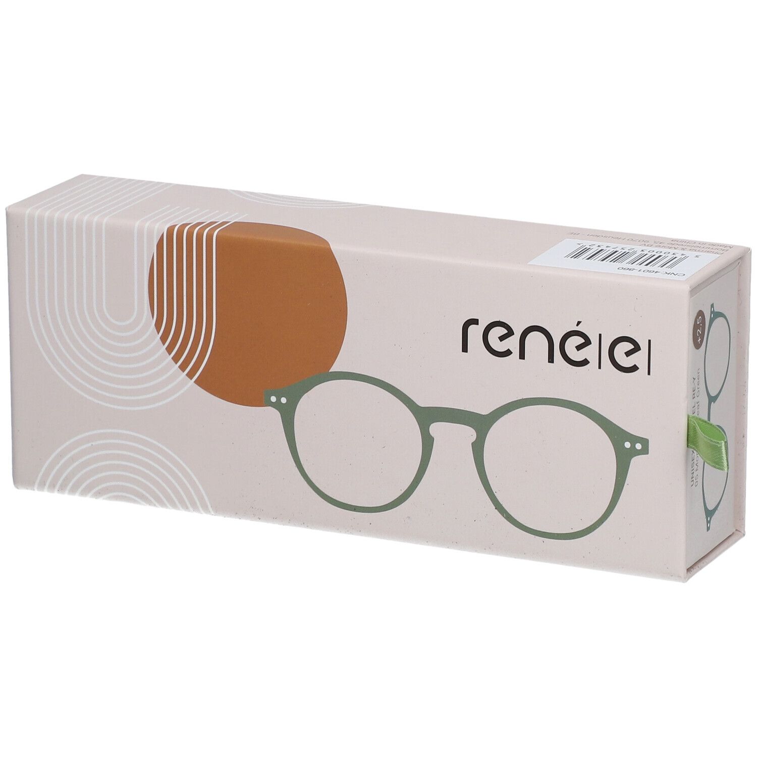 Étui à lunettes rené(e) avec illustration de lunettes vertes sur fond crème. Boîte rectangulaire.