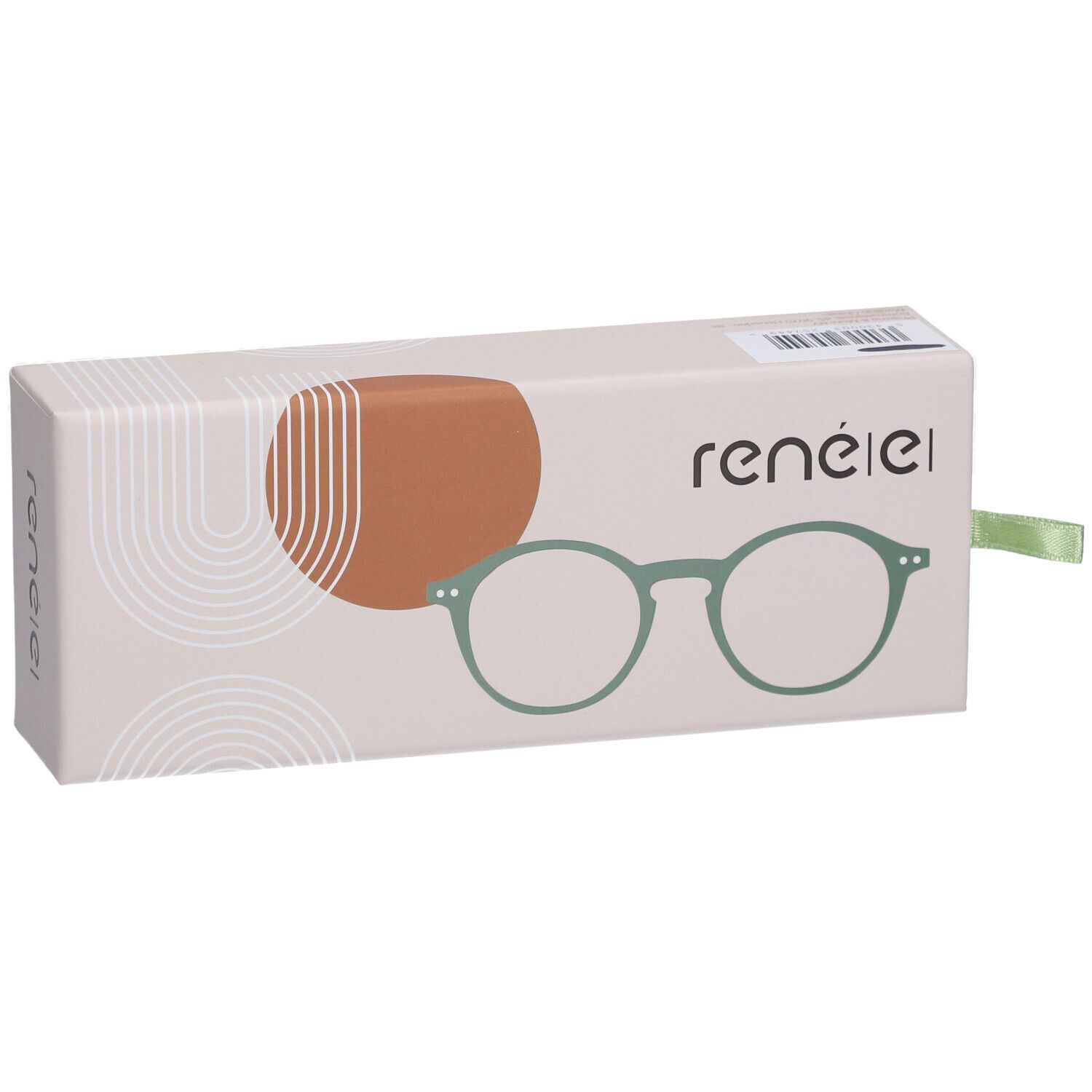 Verpackung der renéel Unisex-Lesebrille. Hellbeige Schachtel mit grünem Brillen-Umriss und Markenlogo. Grüne Schleife.