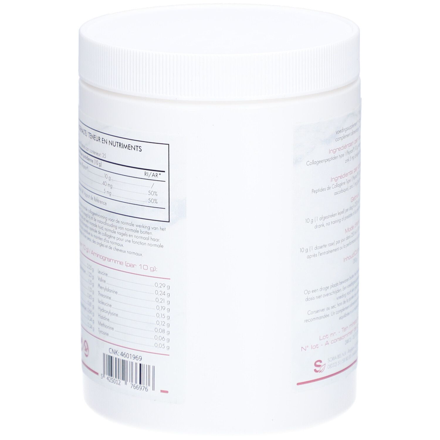 Rückseite des weißen Produktglases. Text über Nährwertangaben und Aminosäuren. Kollageen, Peptan.