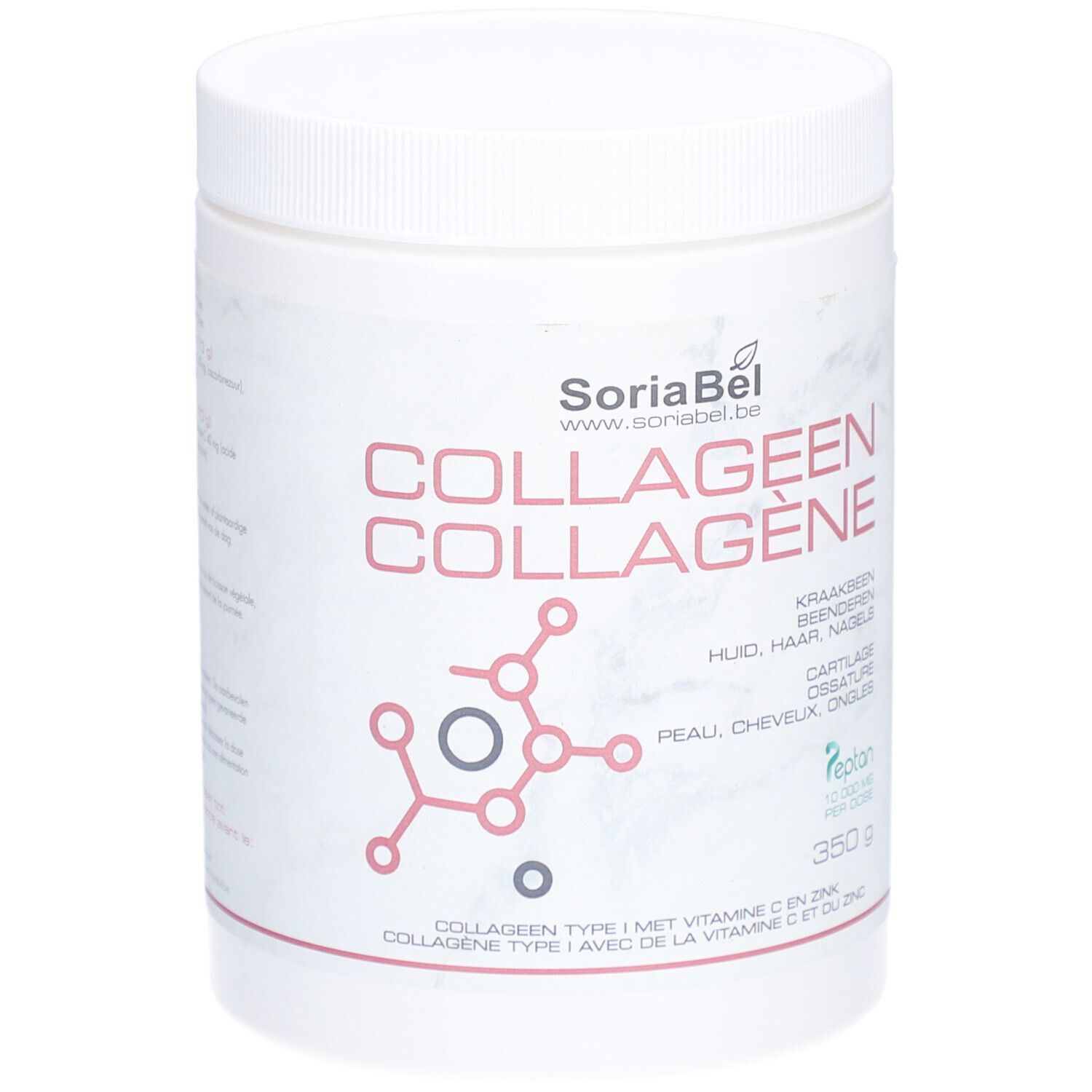 Weißes Produktglas mit Deckel. Aufschrift: SoriaBel, Kollageen, Peptan, 350g. Für Knorpel, Haut, Haare, Nägel.