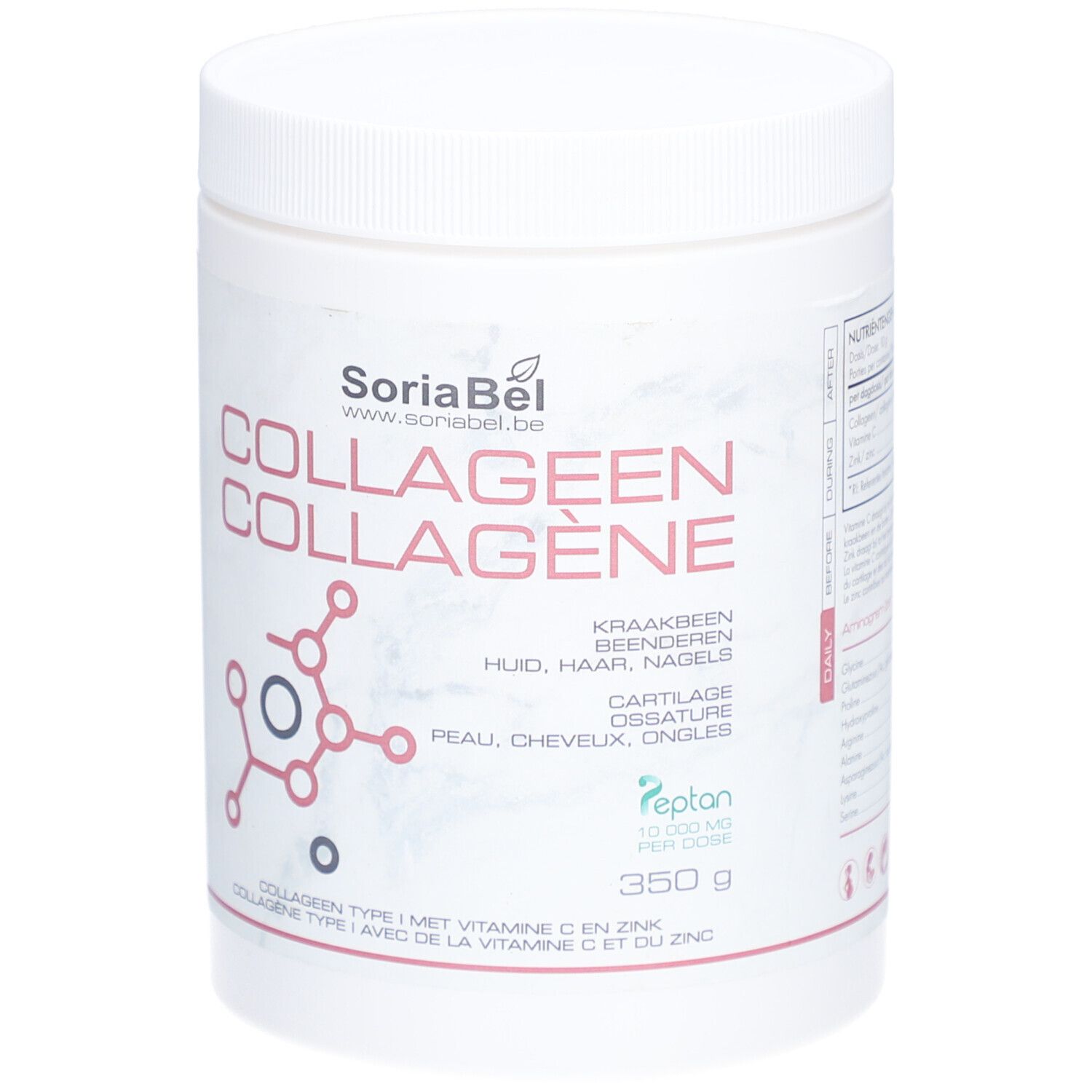 Weißes Produktglas mit Deckel. Aufschrift: SoriaBel, Kollageen, Peptan, 350g. Für Knorpel, Haut, Haare, Nägel.