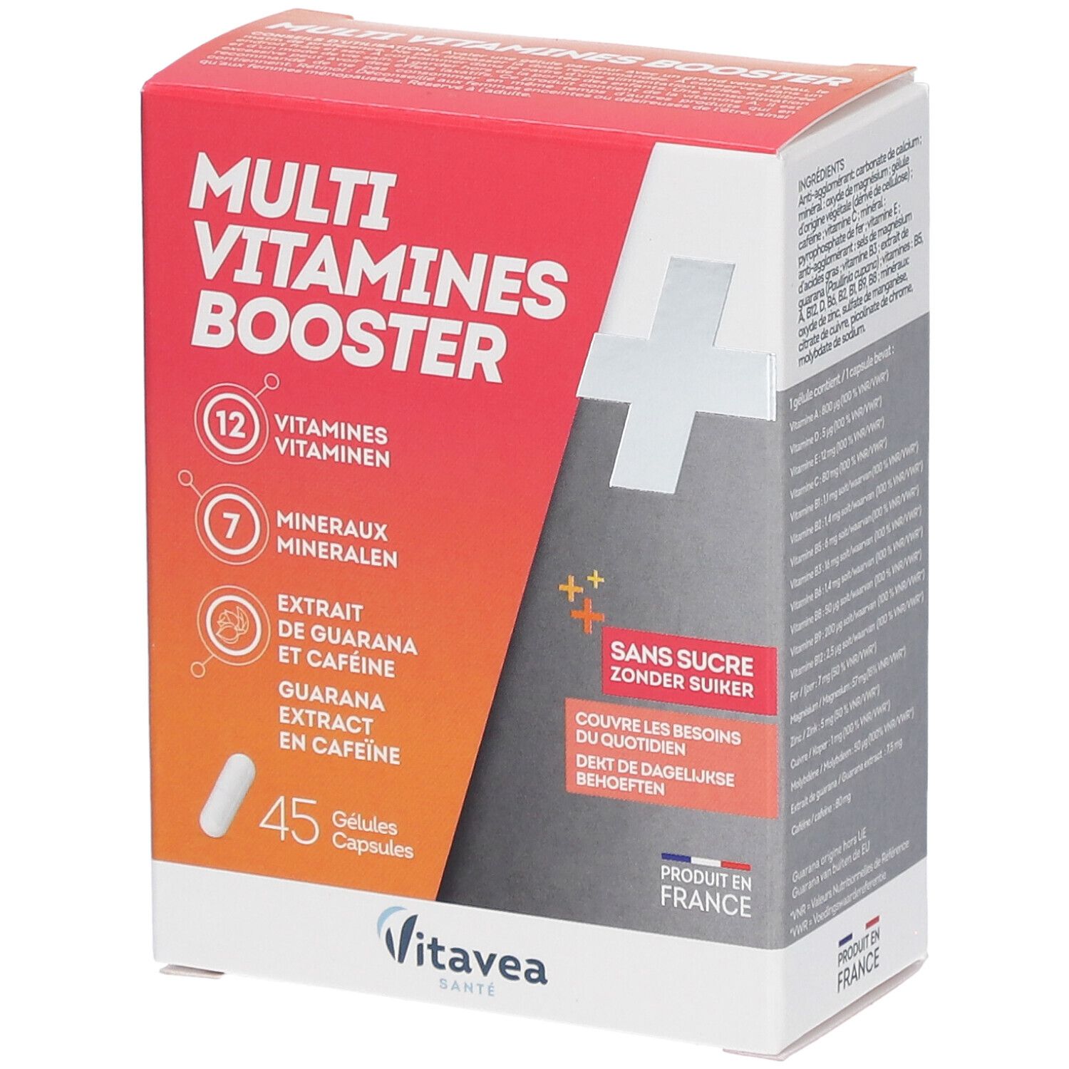 Verpackung von VITAVEA Multivitamin-Booster. Enthält 45 Kapseln. Aufdruck mit 12 Vitaminen, 7 Mineralien, Guarana-Extrakt und koffeinfrei.