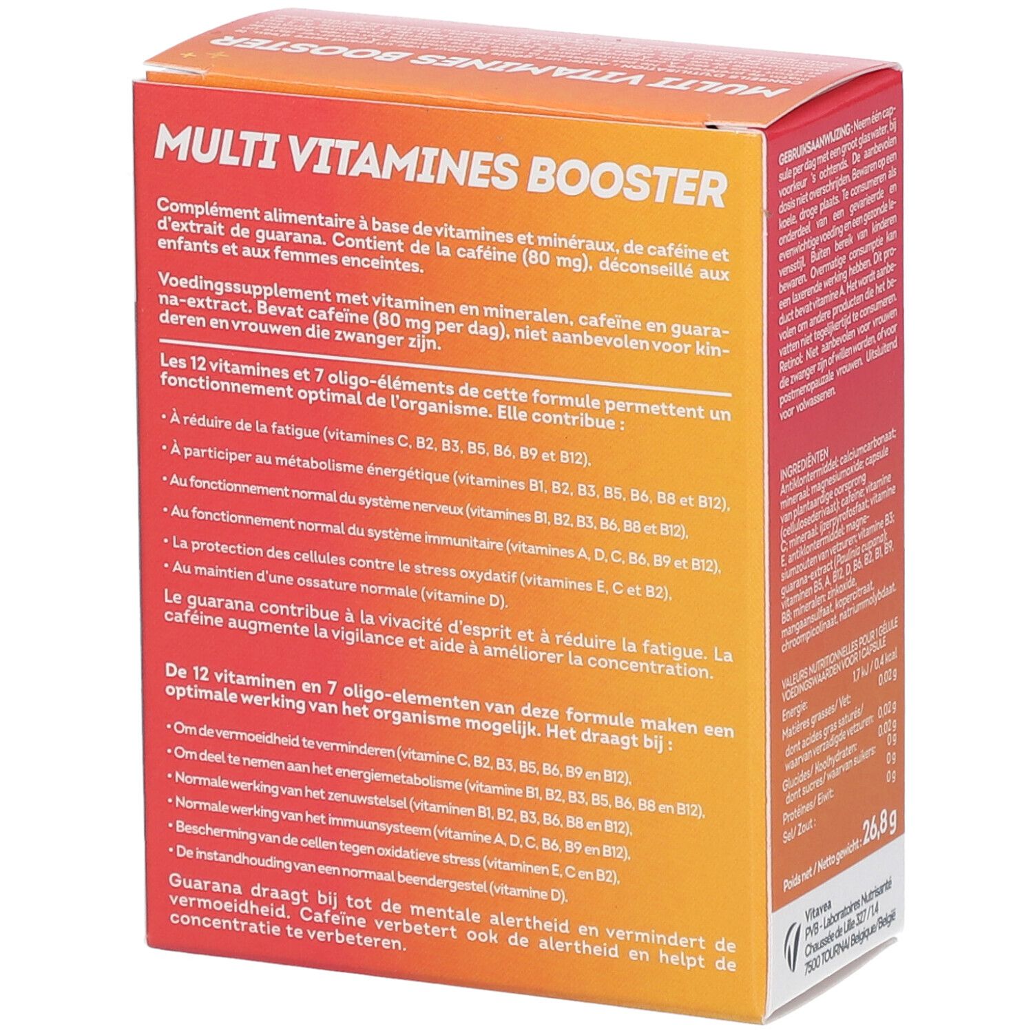 Rückseite der Verpackung von VITAVEA Multivitamin-Booster. Text mit Informationen zu Inhaltsstoffen und Nährwerten. Hergestellt in Frankreich.