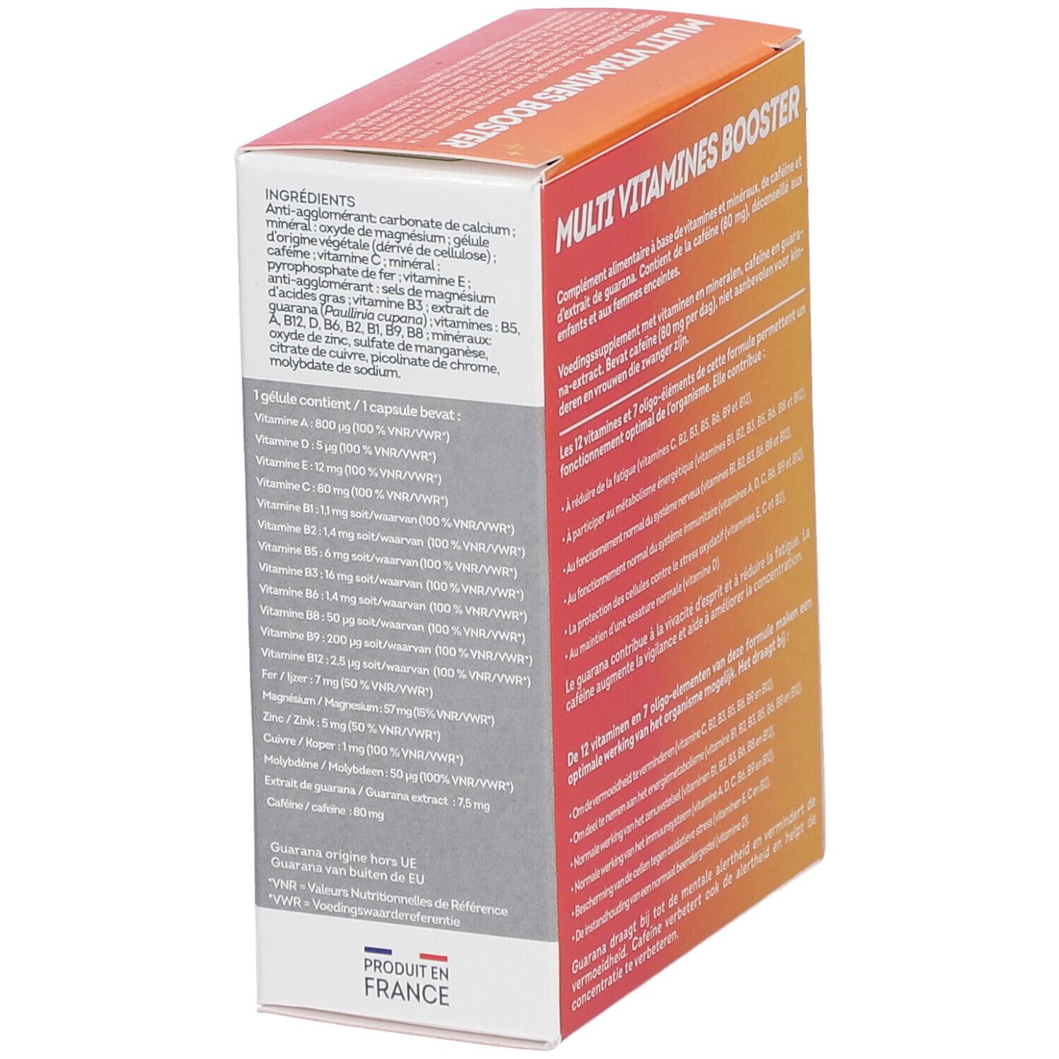 Seitenansicht der Verpackung von VITAVEA Multivitamin-Booster. Enthält Informationen zu Inhaltsstoffen und Nährwerten. Hergestellt in Frankreich.