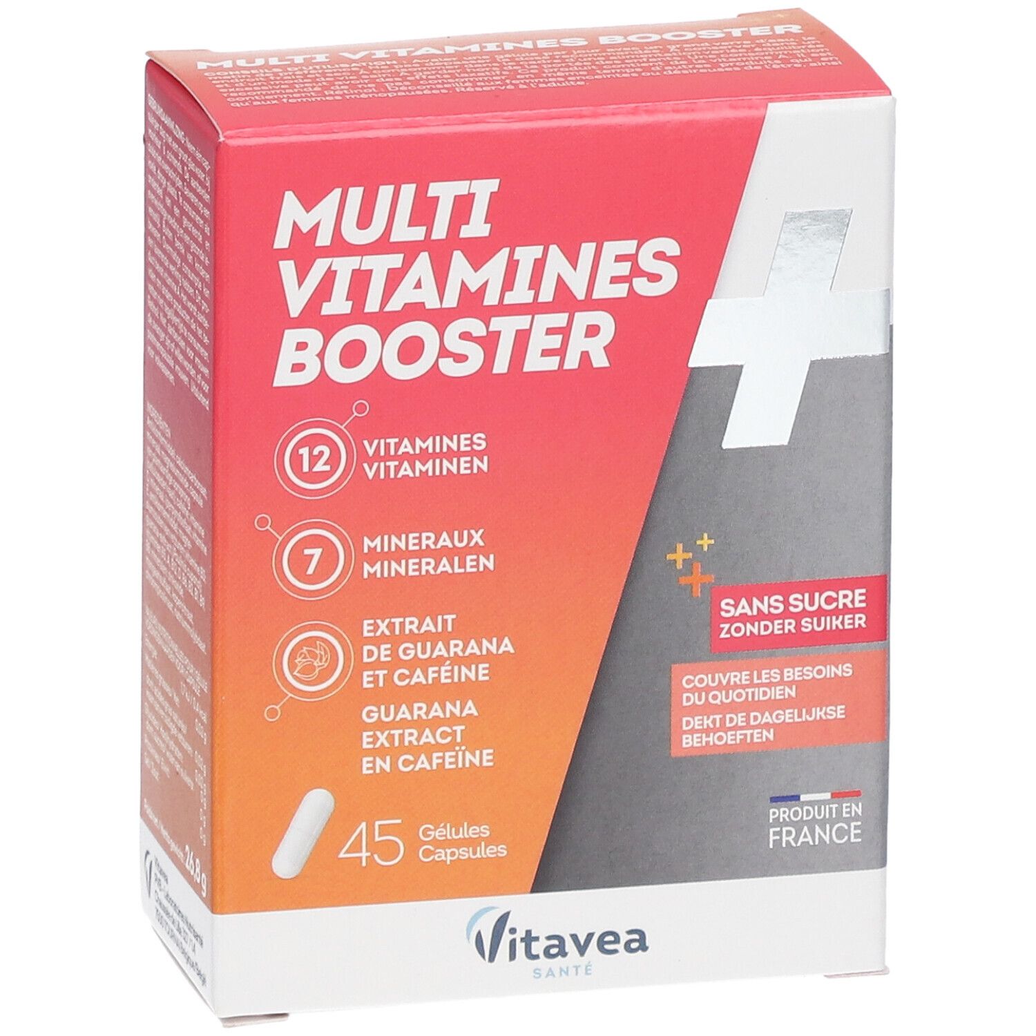 Verpackung von VITAVEA Multivitamin-Booster. Enthält 45 Kapseln. Aufdruck mit 12 Vitaminen, 7 Mineralien, Guarana-Extrakt und koffeinfrei.