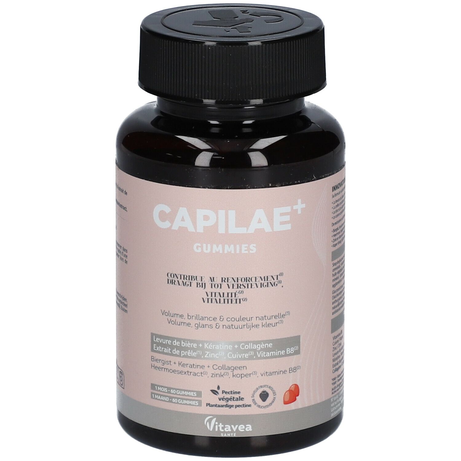 Flacon marron avec bouchon noir. Inscription: CAPILAE+ Gummies. Contient zinc, kératine et vitamine B8.