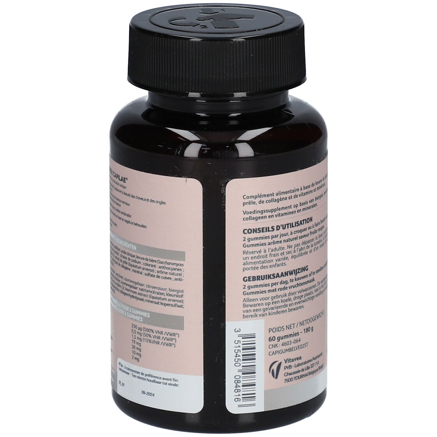 Dos du flacon marron. Texte avec conseils d'utilisation et informations nutritionnelles. 60 gommes, 180g. Marque: Vitavea.