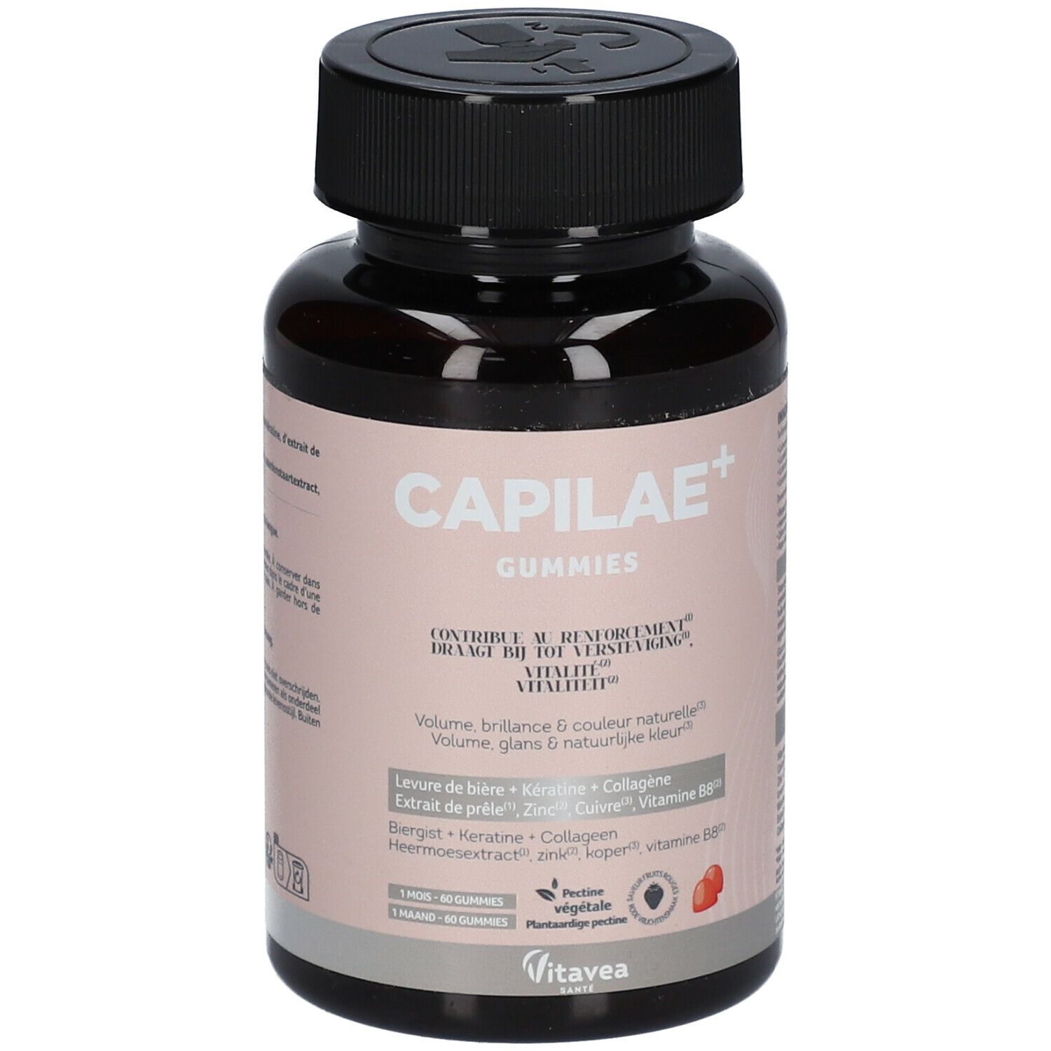 Flacon marron avec bouchon noir. Inscription: CAPILAE+ Gummies. Contient zinc, kératine et vitamine B8.