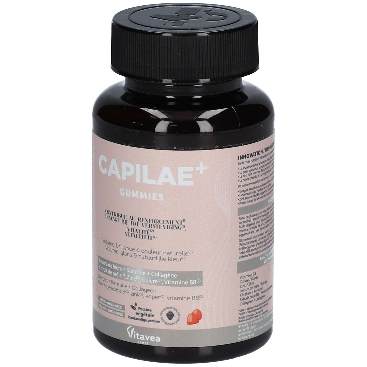 Flacon marron avec bouchon noir. Inscription: CAPILAE+ Gummies. Marque: Vitavea. Contient zinc, kératine et vitamine B8.