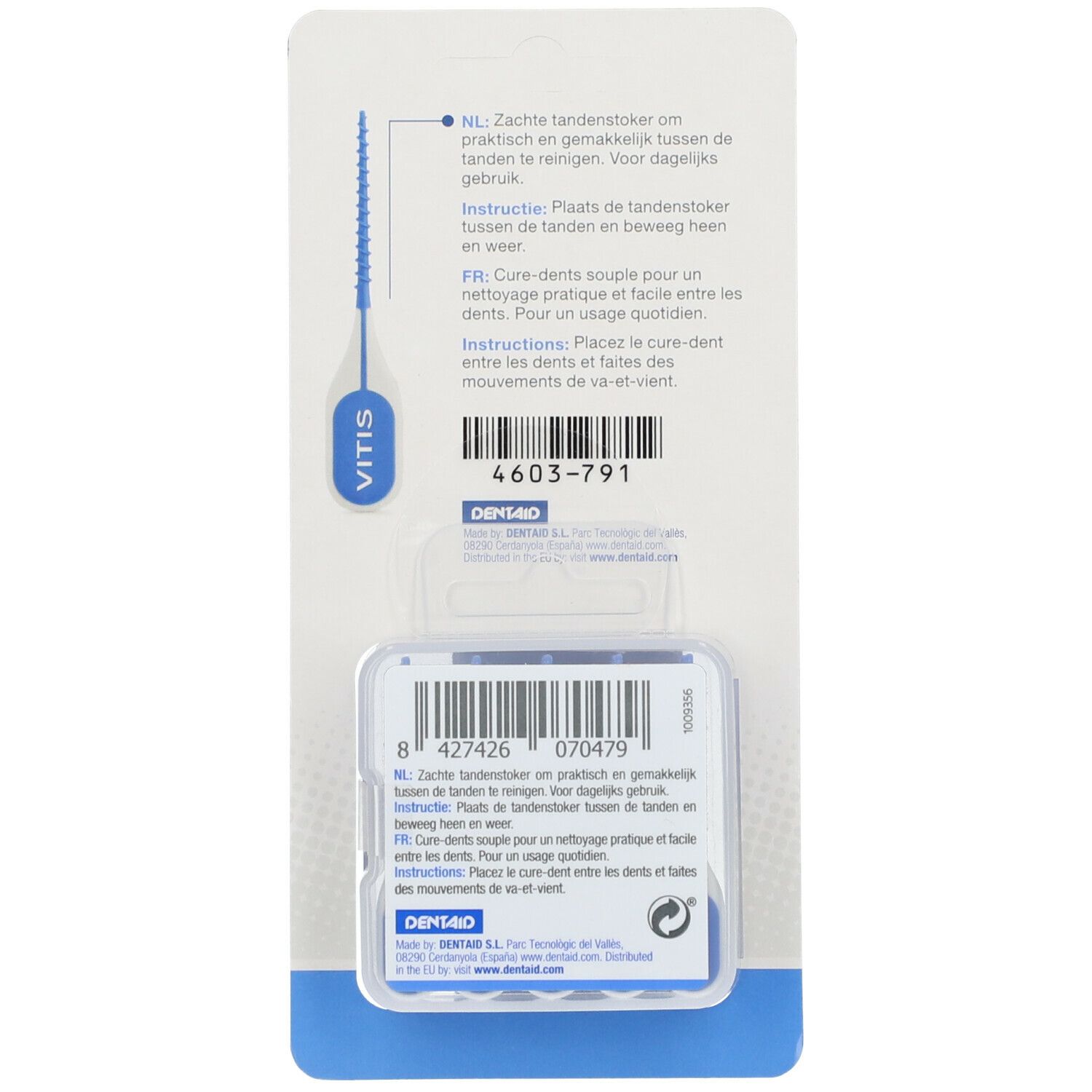 Dos de l'emballage VITIS Flexipicks. Cure-dents bleus, texte en néerlandais et français. Code-barres et informations fabricant.