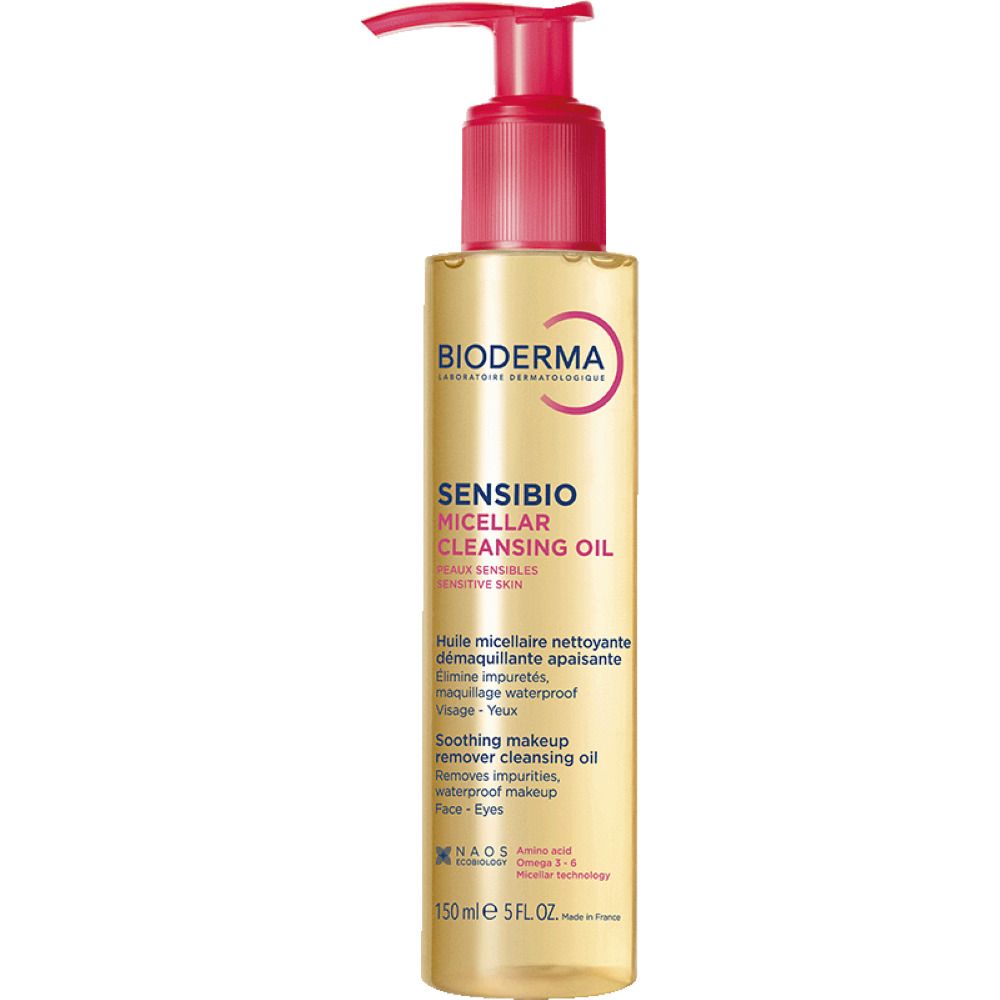 BIODERMA Sensibio reinigingsolie. Transparante fles met roze pomp. Etiket met tekst.