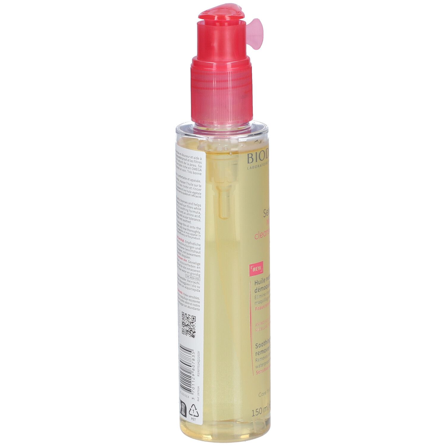 BIODERMA Sensibio reinigingsolie. Transparante fles met roze pomp. Achterkant met tekst en QR-code.