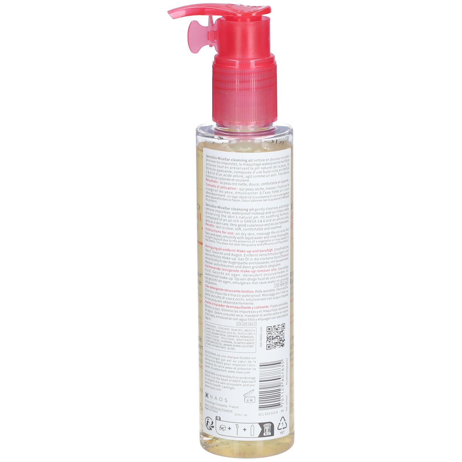 BIODERMA Sensibio reinigingsolie. Achterkant van de fles met tekst. Roze pomp.