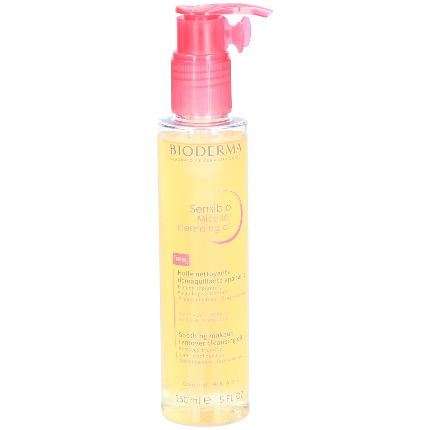BIODERMA Sensibio reinigingsolie. Transparante fles met roze pomp. Etiket met tekst.