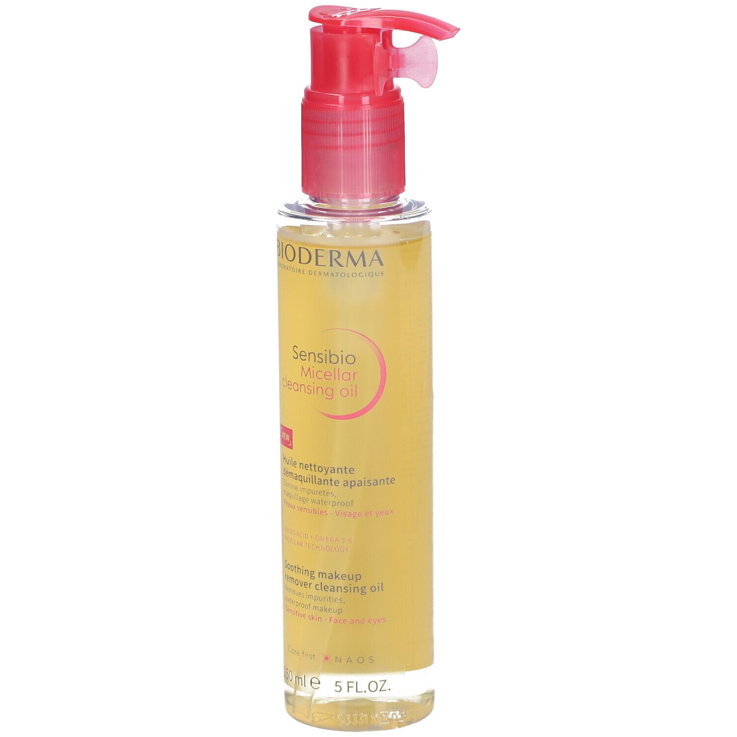 BIODERMA Sensibio reinigingsolie. Transparante fles met roze pomp. Etiket met tekst.