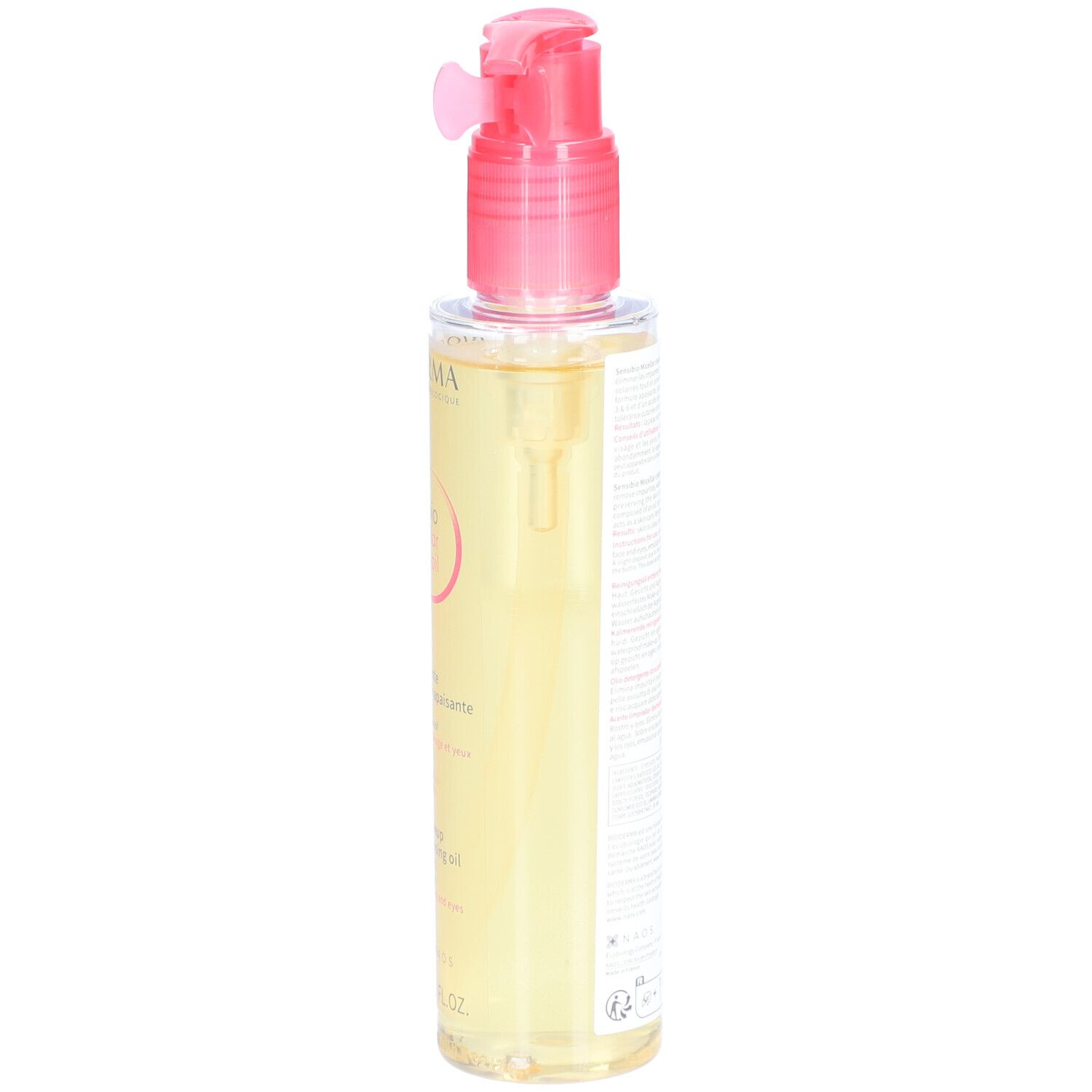 BIODERMA Sensibio reinigingsolie. Transparante fles met roze pomp. Etiket met tekst.