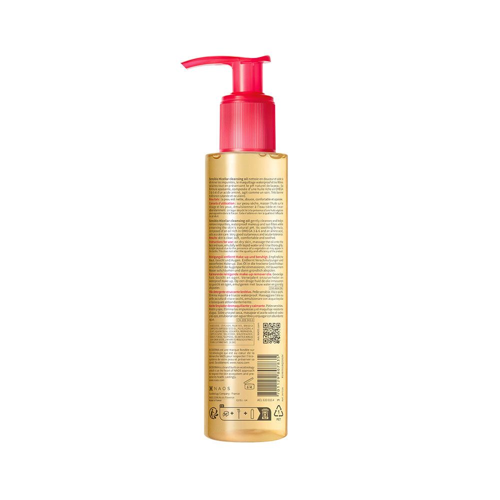 BIODERMA Sensibio reinigingsolie. Achterkant van de fles met tekst. Roze pomp.