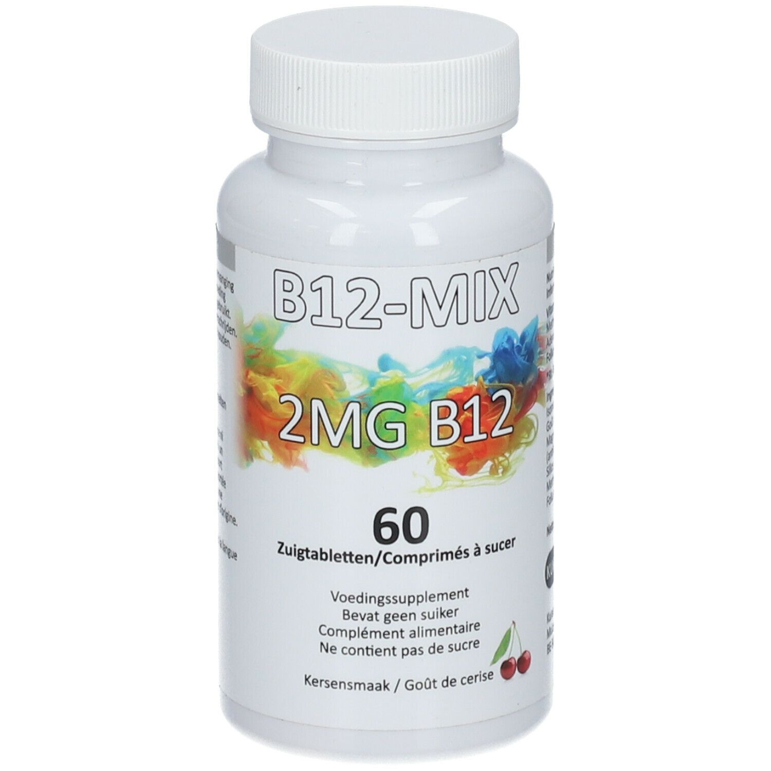 Weiße Flasche mit B12-MIX-Etikett. Enthält 60 Lutschtabletten. Kirschgeschmack. Deckel oben.