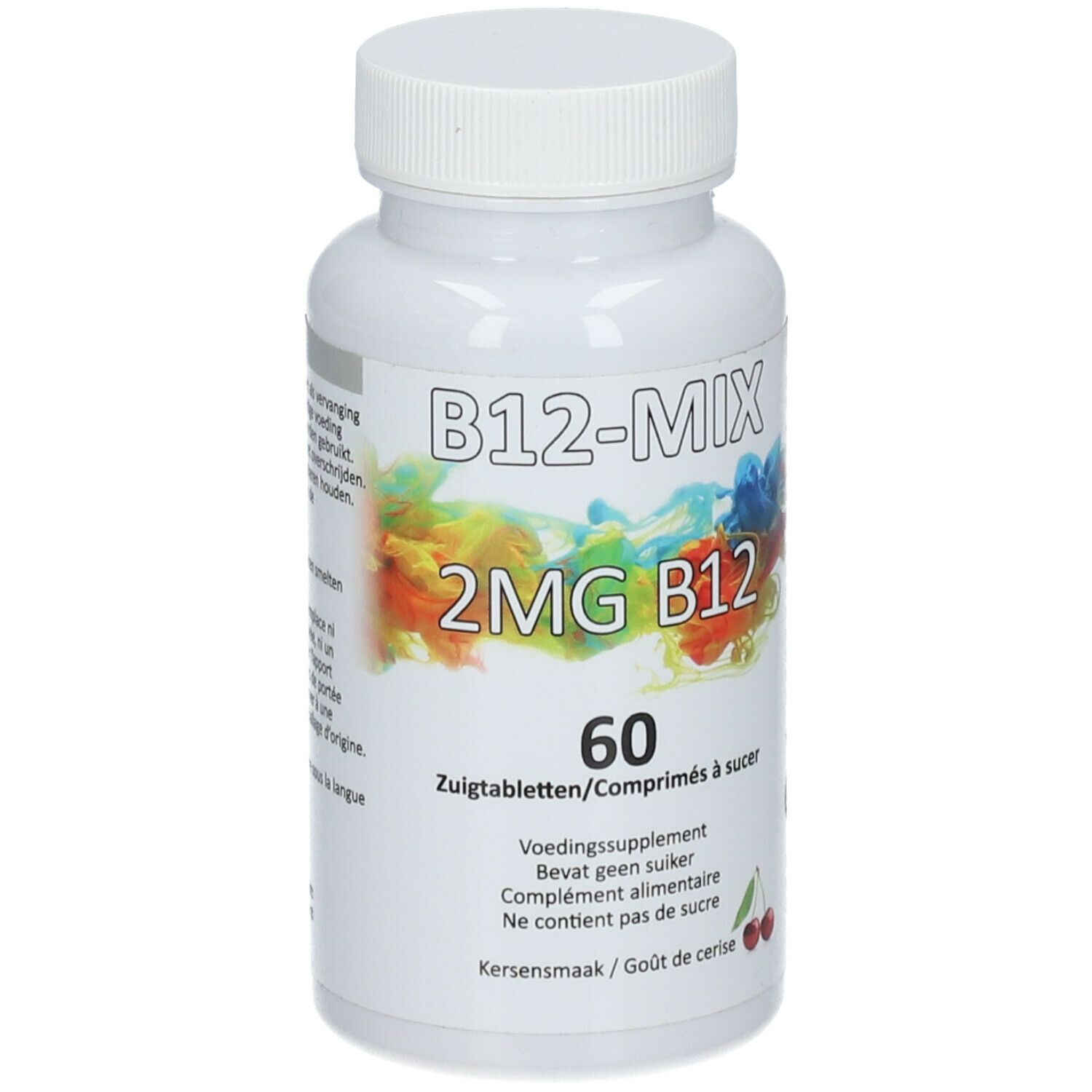Weiße Flasche mit B12-MIX-Etikett. Enthält 60 Lutschtabletten. Kirschgeschmack. Deckel oben.