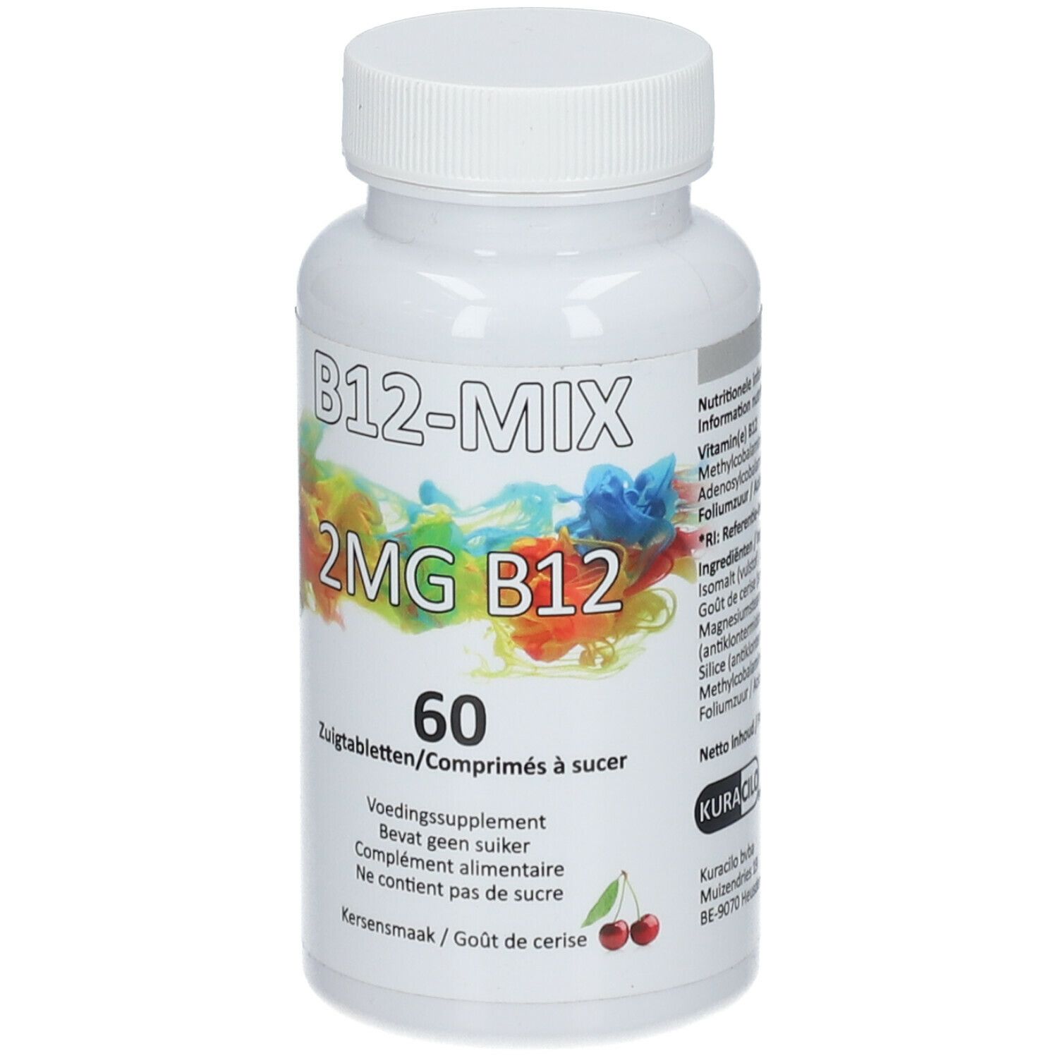 Weiße Flasche mit B12-MIX-Etikett. Enthält 60 Lutschtabletten. Kirschgeschmack. Deckel oben.