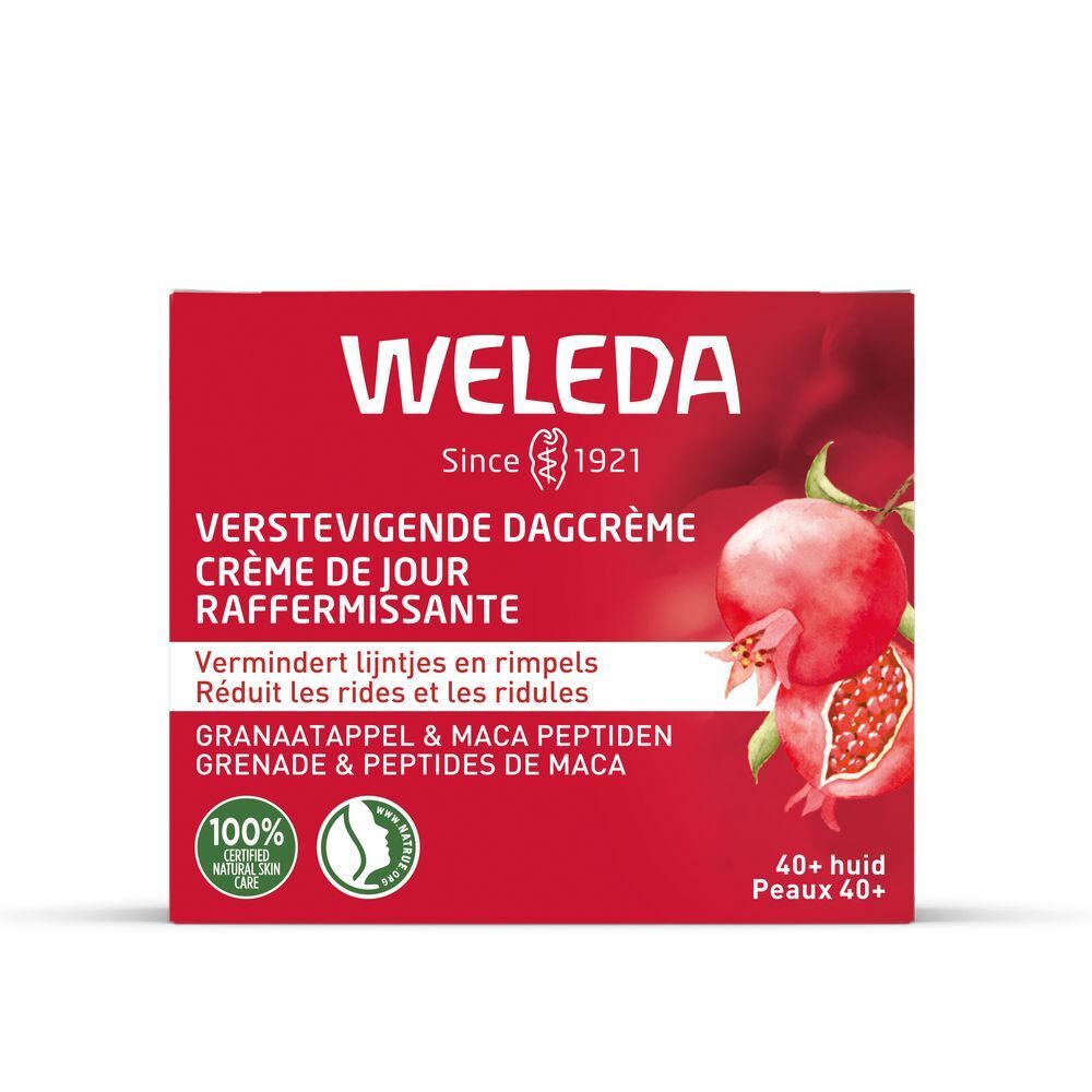 Emballage rouge avec logo WELEDA. Texte: Crème de Jour Raffermissante. Illustration de grenade. Certifications.