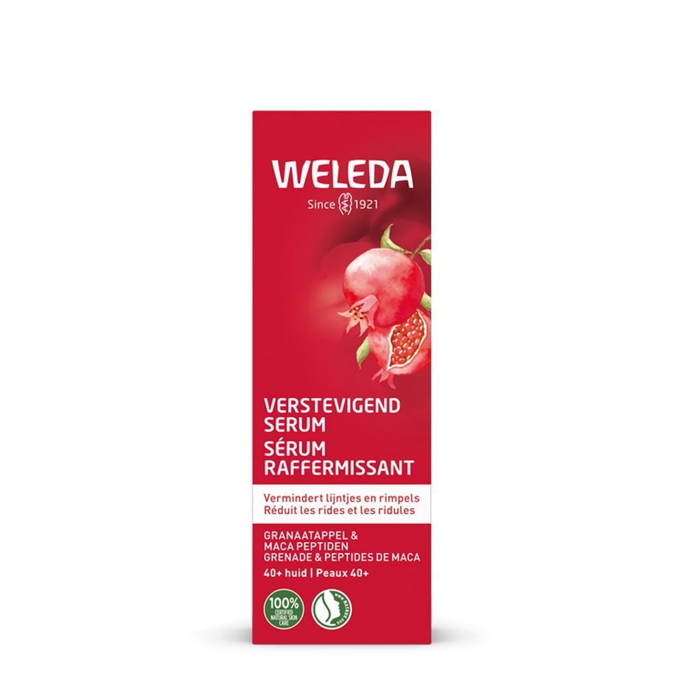 Rote Verpackung mit Produktnamen und Granatapfel-Illustration. Aufschrift: WELEDA, SERUM RAFFERMISSANT. Mit Zertifizierungen.