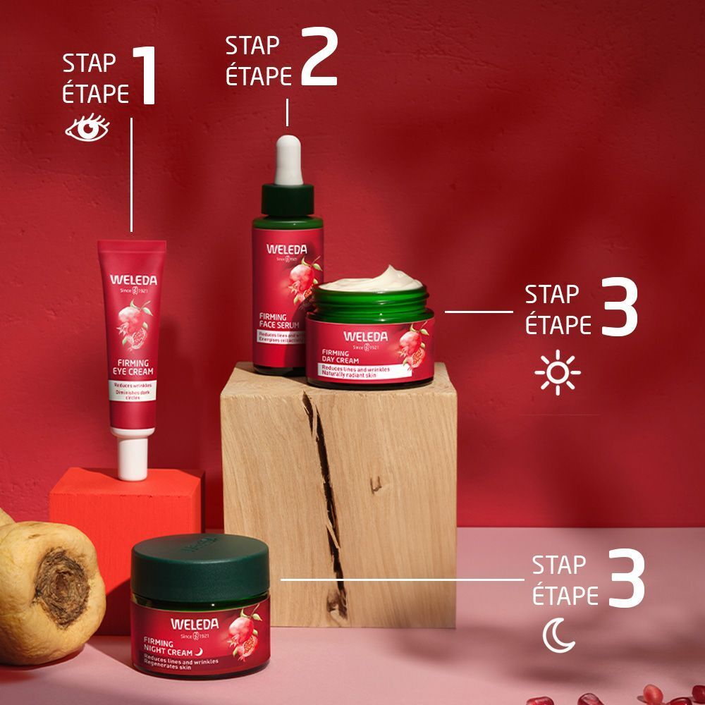 Produkt-Set auf Holzblock und rotem Würfel. Enthält: Augencreme, Serum, Tages- und Nachtcreme. WELEDA-Logo.