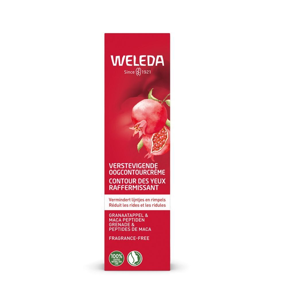 Emballage rouge avec grenade. Texte: Weleda, crème yeux. Réduit les rides. Avec label bio.