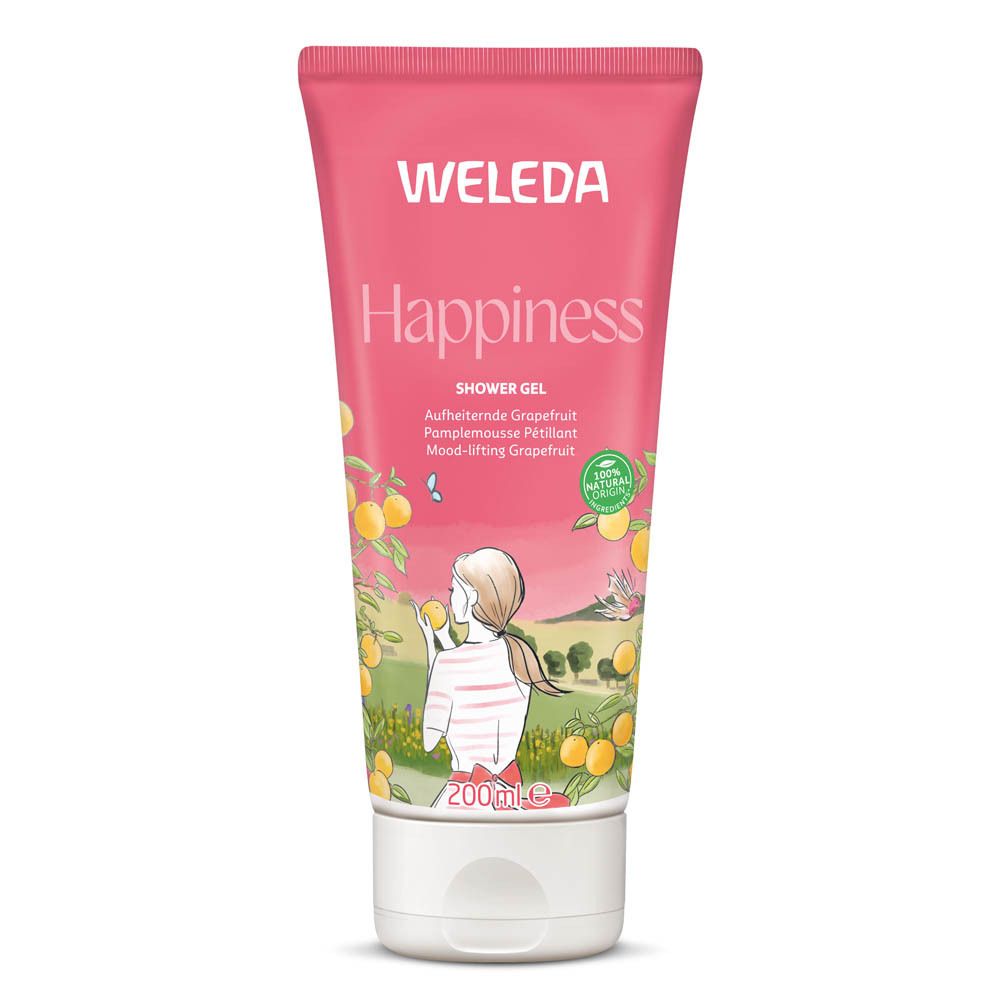 Roze tube met "WELEDA" en "Happiness". Illustratie van een vrouw in een citrusboomgaard. Tekst "Shower Gel".