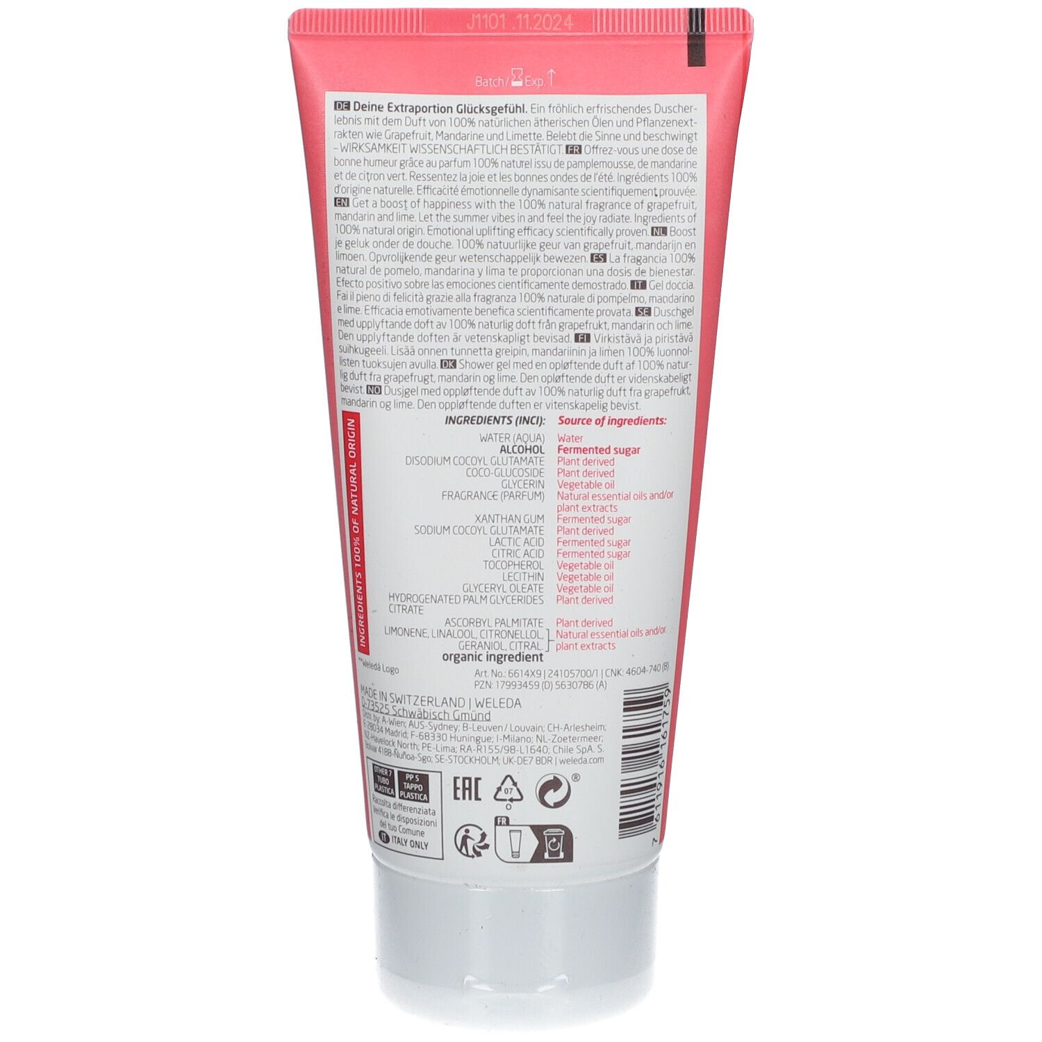 Achterkant van een roze tube. Tekst in meerdere talen. Lijst van ingrediënten. Logo's en certificeringen.