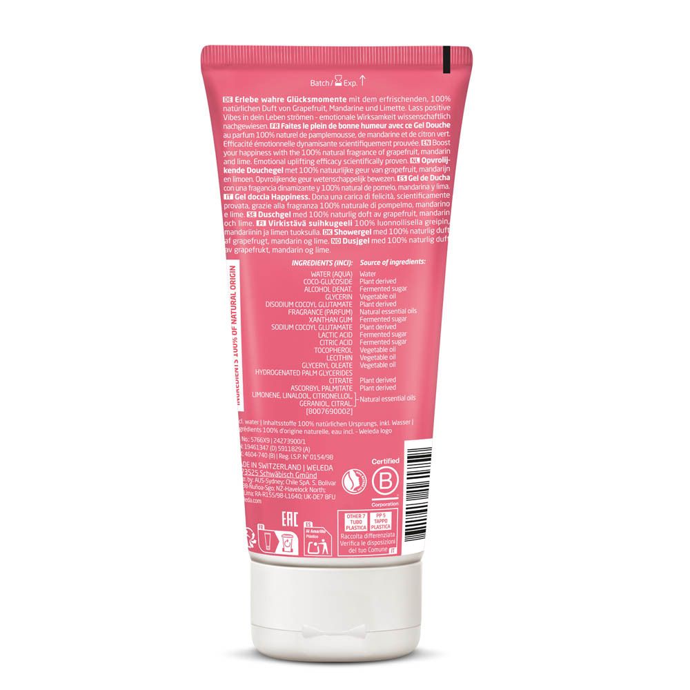 Achterkant van een roze tube. Tekst in meerdere talen. Lijst van ingrediënten. Logo's en certificeringen.