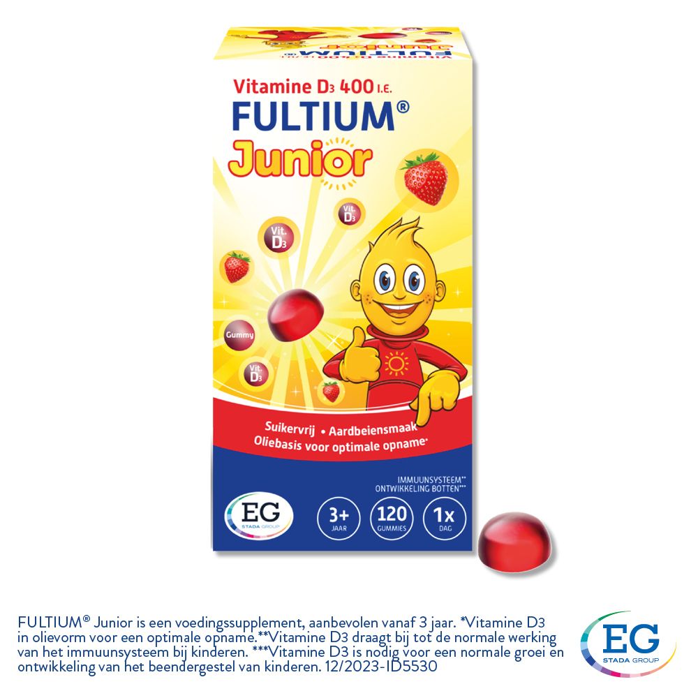 FULTIUM Junior afbeelding. Tekst met productvoordelen. Afbeeldingen van gummies en een vliegtuig met kinderen.