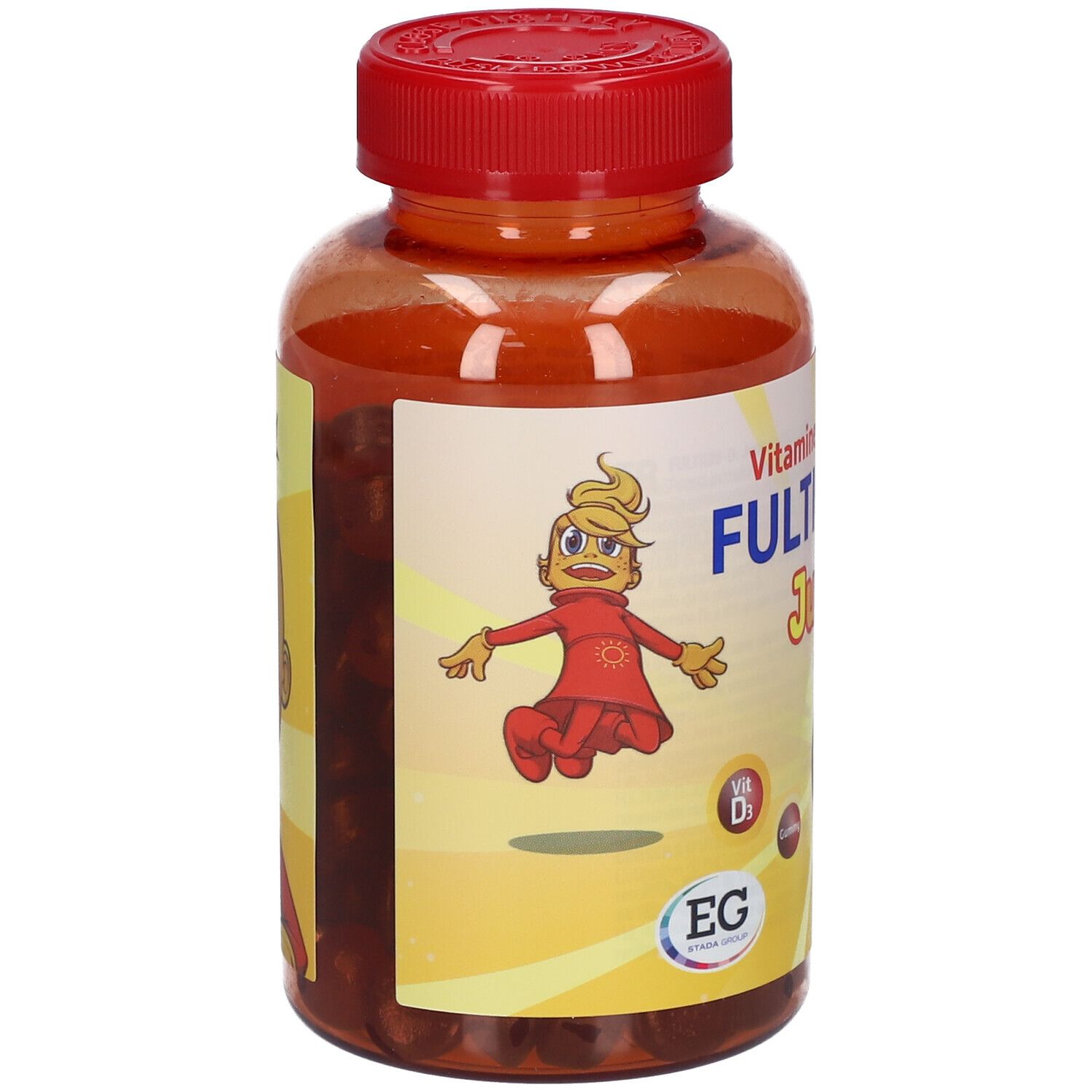 FULTIUM-D3 Junior fles. Oranje fles met rode dop. Etiket met productnaam en cartoonfiguur.
