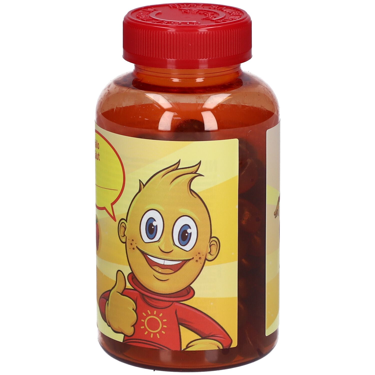 FULTIUM-D3 Junior fles. Oranje fles met rode dop. Etiket met productnaam en cartoonfiguur.