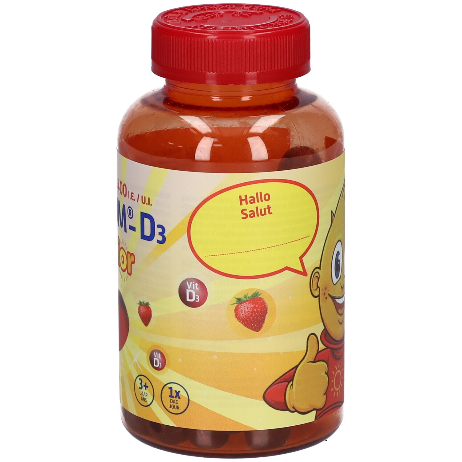 FULTIUM-D3 Junior fles. Oranje fles met rode dop. Etiket met productnaam en cartoonfiguur.