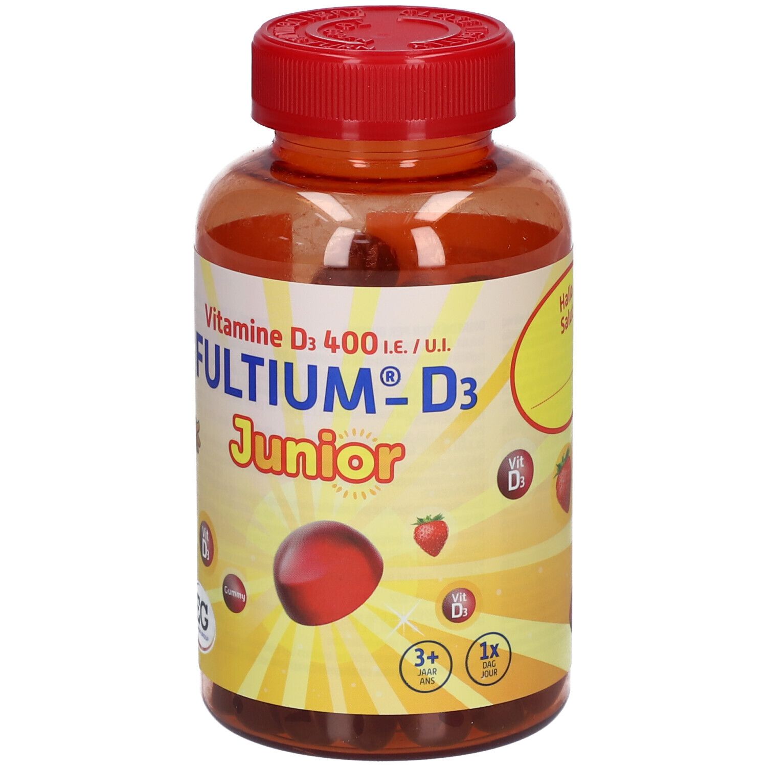 FULTIUM-D3 Junior fles. Oranje fles met rode dop. Etiket met productnaam, aardbei en afbeelding van gummies.