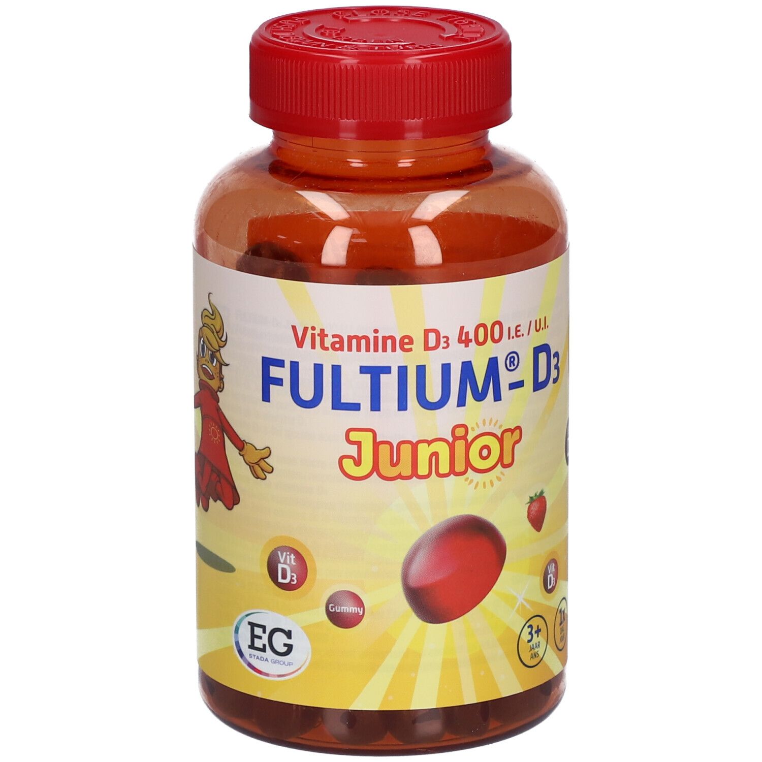 FULTIUM-D3 Junior fles. Oranje fles met rode dop. Etiket met productnaam, aardbei en afbeelding van gummies.