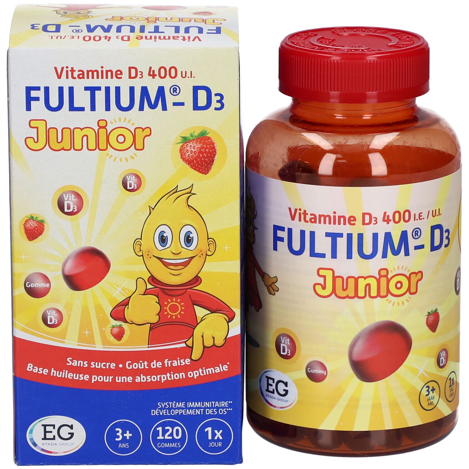 FULTIUM-D3 Junior fles en doos. Doos en fles met productnaam, aardbei en afbeelding van gummies.