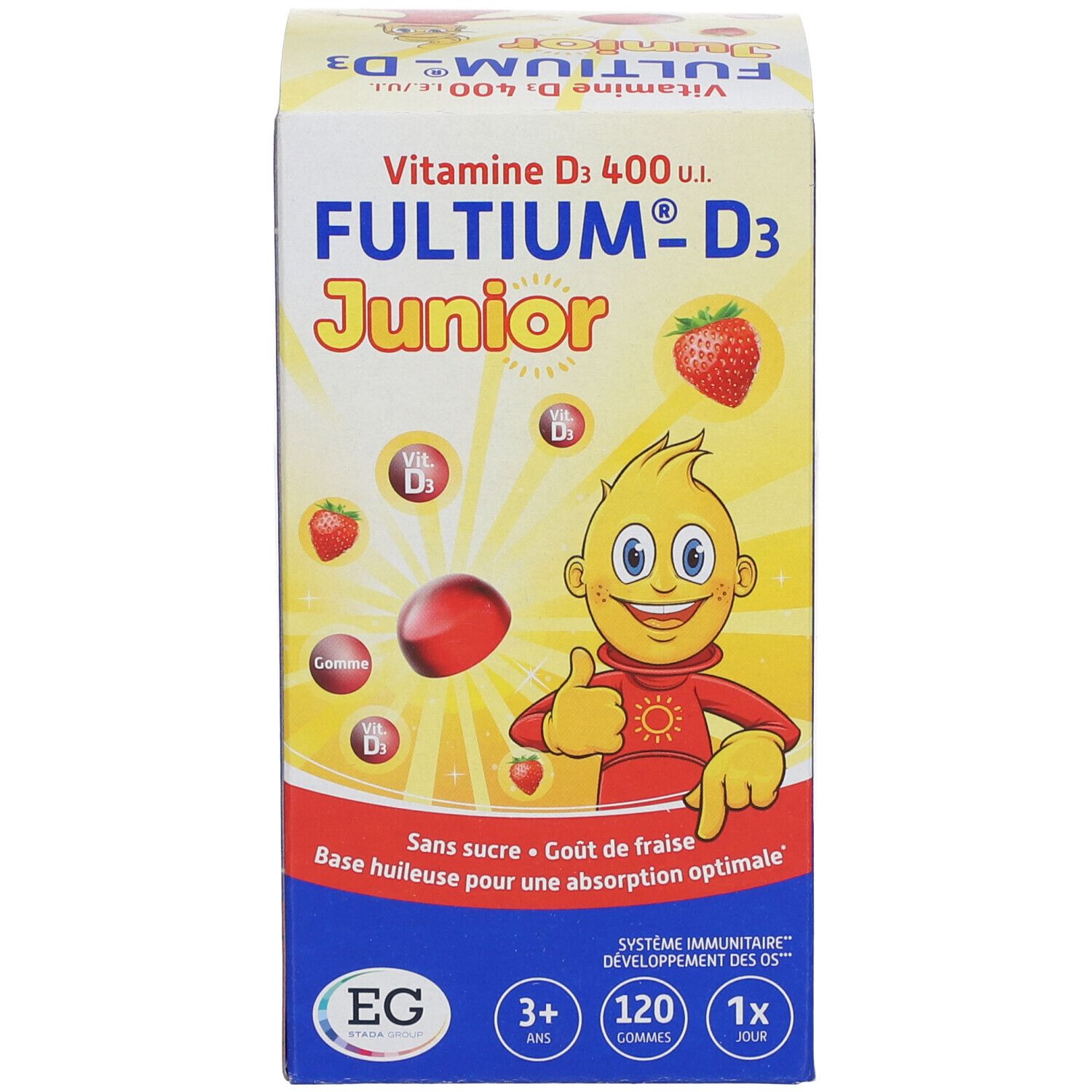 FULTIUM-D3 Junior doos. Doos met productnaam, aardbei en cartoonfiguur. Afbeelding van gummies.
