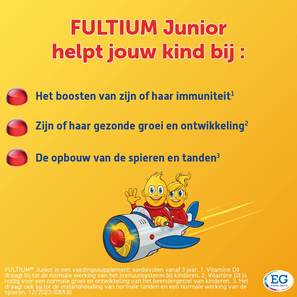 FULTIUM Junior afbeelding. Tekst met productvoordelen. Afbeeldingen van gummies en een vliegtuig met kinderen.