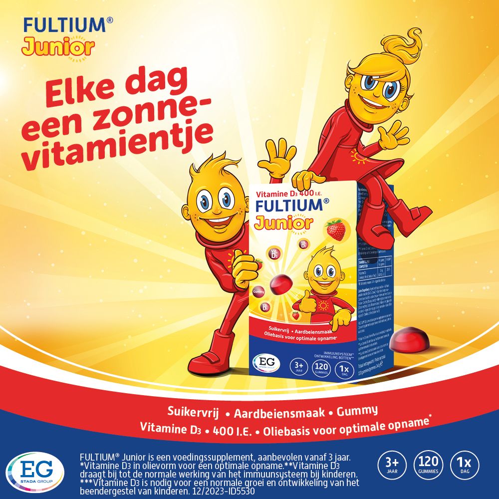 FULTIUM Junior afbeelding. Tekst met productvoordelen. Afbeeldingen van gummies en een vliegtuig met kinderen.