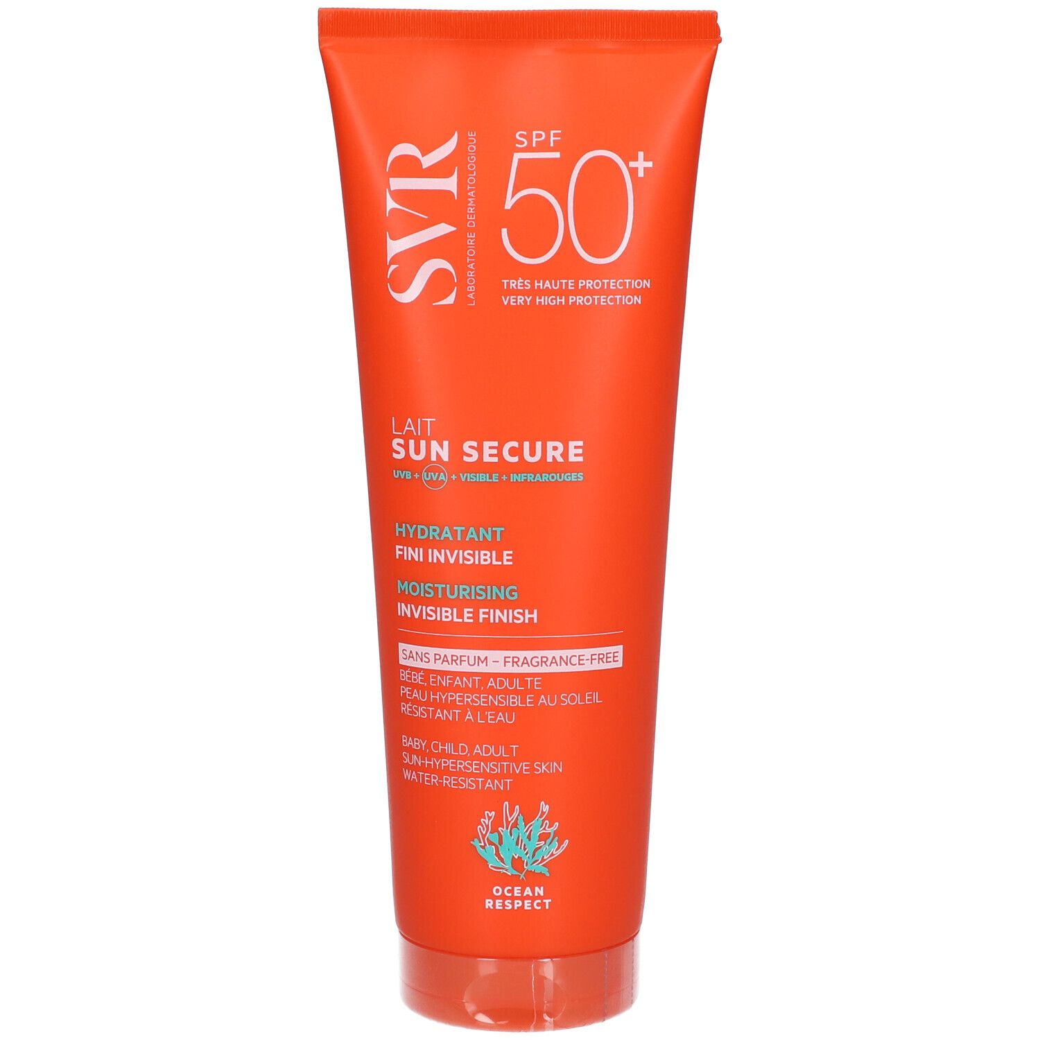 Orange Tube mit weißer Schrift. SVR, SPF 50+, Sun Secure Lait. Feuchtigkeitsspendend, unsichtbares Finish. Für empfindliche Haut.