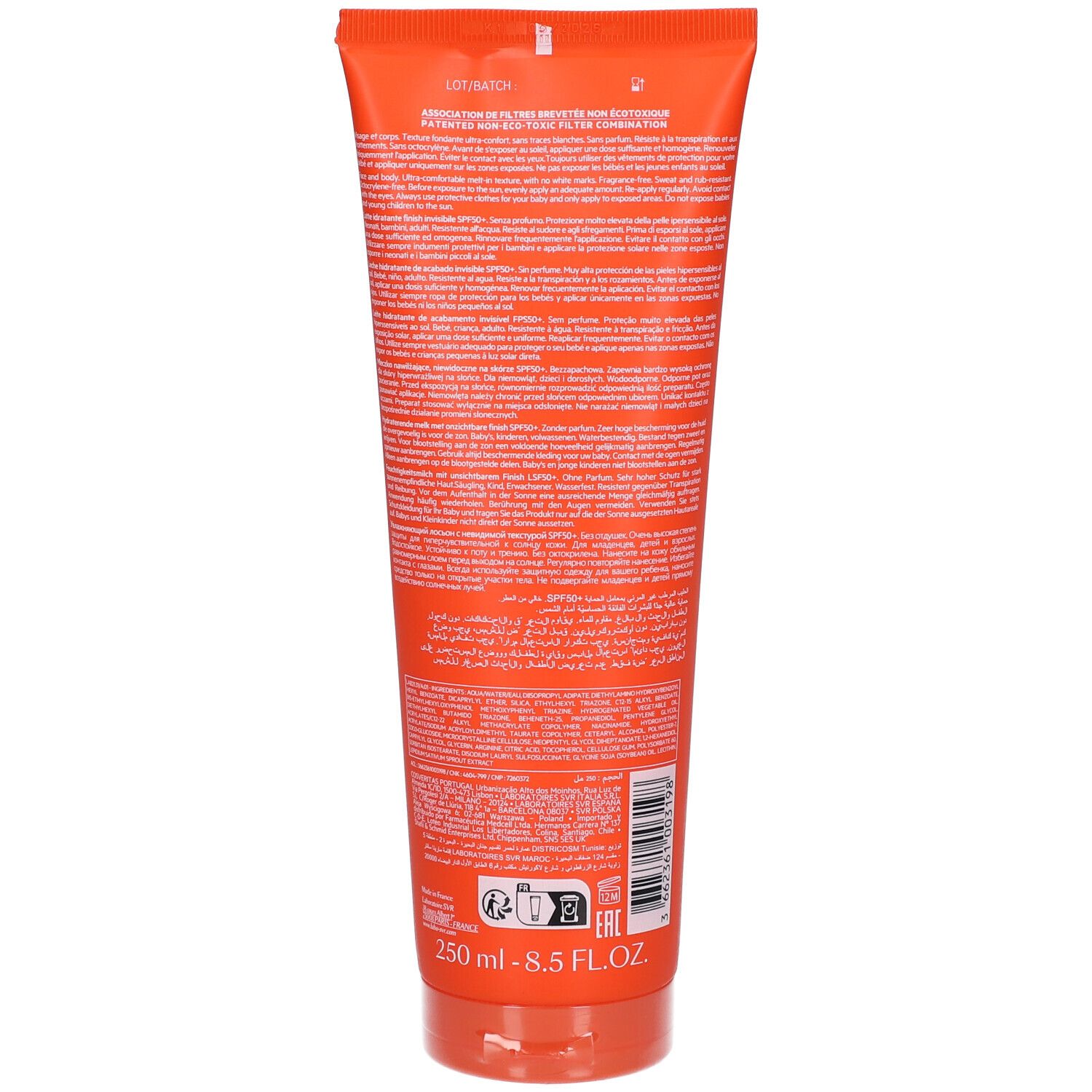 Rückseite einer orangefarbenen Tube. Text in mehreren Sprachen. 250 ml. Barcode. Umweltzeichen.