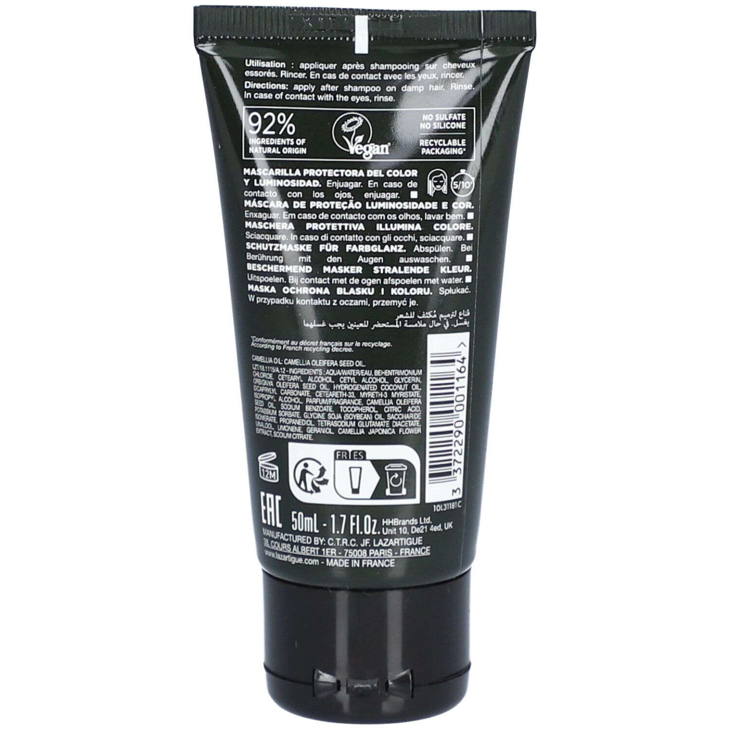 Tube vert avec texte multilingue. Contient 92% d'ingrédients d'origine naturelle. Vegan. Emballage recyclable.